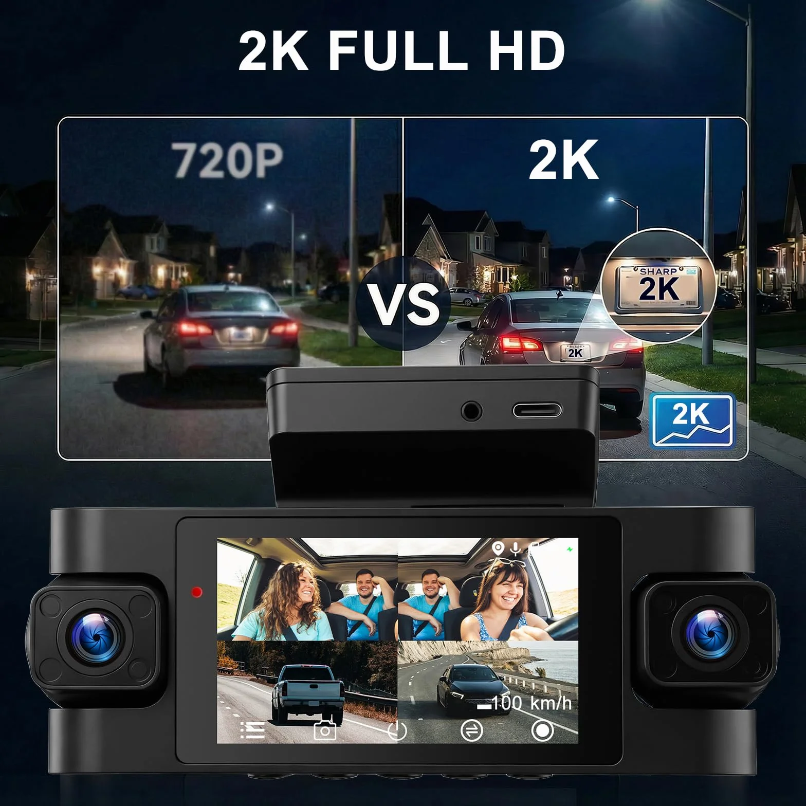 Kamera samochodowa 360 stopni, 4-kanałowa kamera przednia retro i wewnętrzna z GPS i 5G WiFi, 2K + 3 x 1080P, 3-calowy ekran IPS, noktowizor, tryb parkowania 24/7, czujnik G