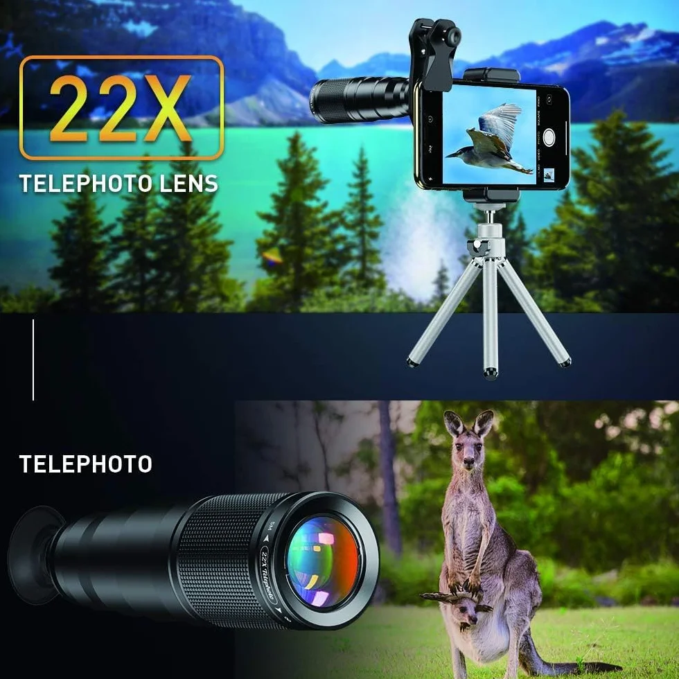 Apexel Zestawy obiektywów do telefonu, zestawy obiektywów do aparatu 4 w 1, teleobiektyw 22x, obiektyw rybie oko, obiektyw szerokokątny 120°, obiektyw makro 20x, statyw i zdalna migawka do iPhone'a,