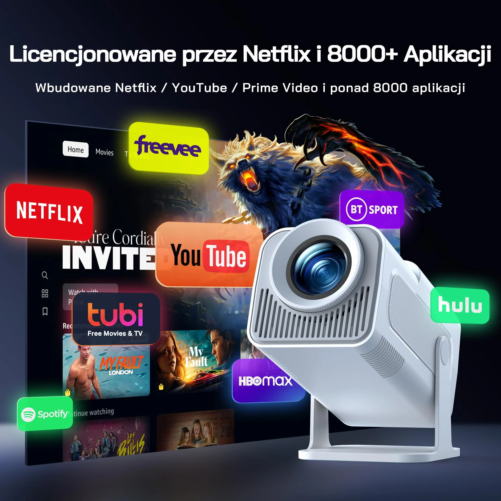 WOLFANG WP03 Mini Projektor 1080P z Aplikacją na Androida, Przenośny Projektor z WiFi i Bluetooth do Kina Domowego, Korekcja Trapezowa Czterech Narożników, Obrotowy o 180° Zewnętrzny Projektor Filmowy