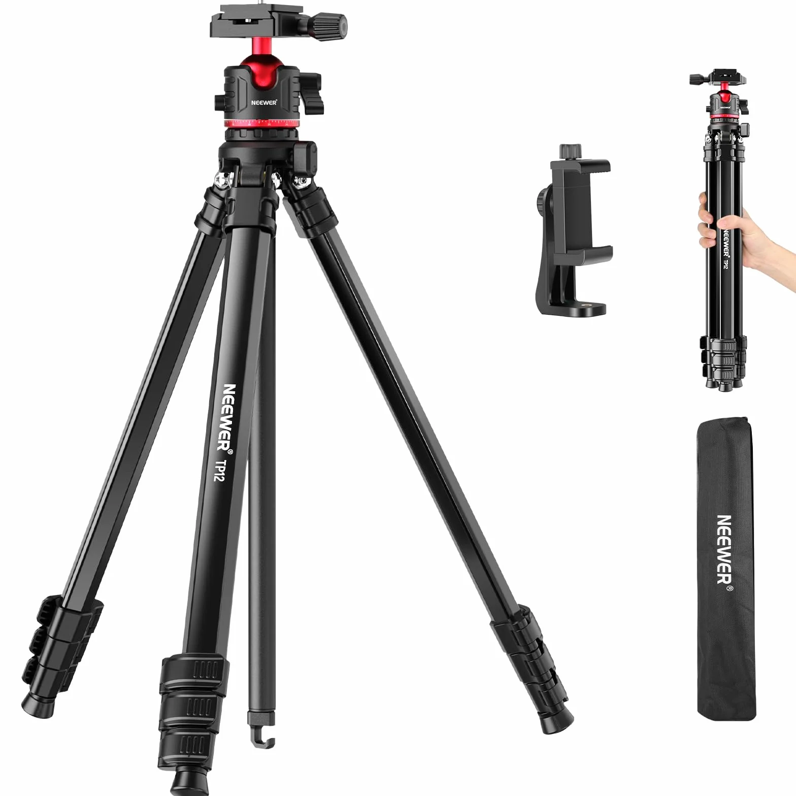 NEEWER BASICS Statyw podróżny do aparatu, kompaktowy, lekki, przenośny stojak na lustrzankę cyfrową z głowicą kulową, płyta QR typu Arca, uchwyt na telefon komórkowy kompatybilny z nagrywaniem wideo