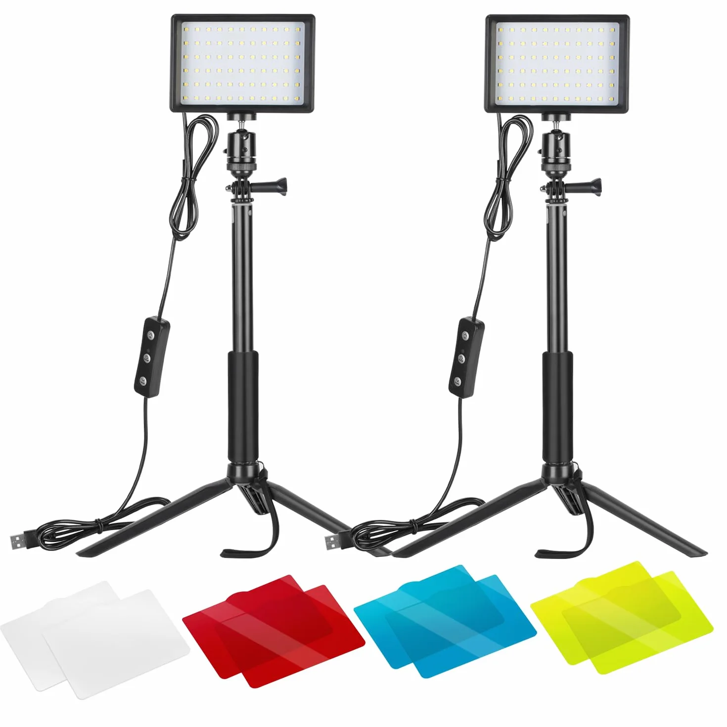 Neewer lampy ściemnialne video LED 5600 K, USB, oświetlenie z regulowanym statywem i filtrami kolorów, do fotografowania na blacie / niski kąt, kolorowe oświetlenie LED, portret produktu, Youtube, fotografia wideo, 2 opakowania