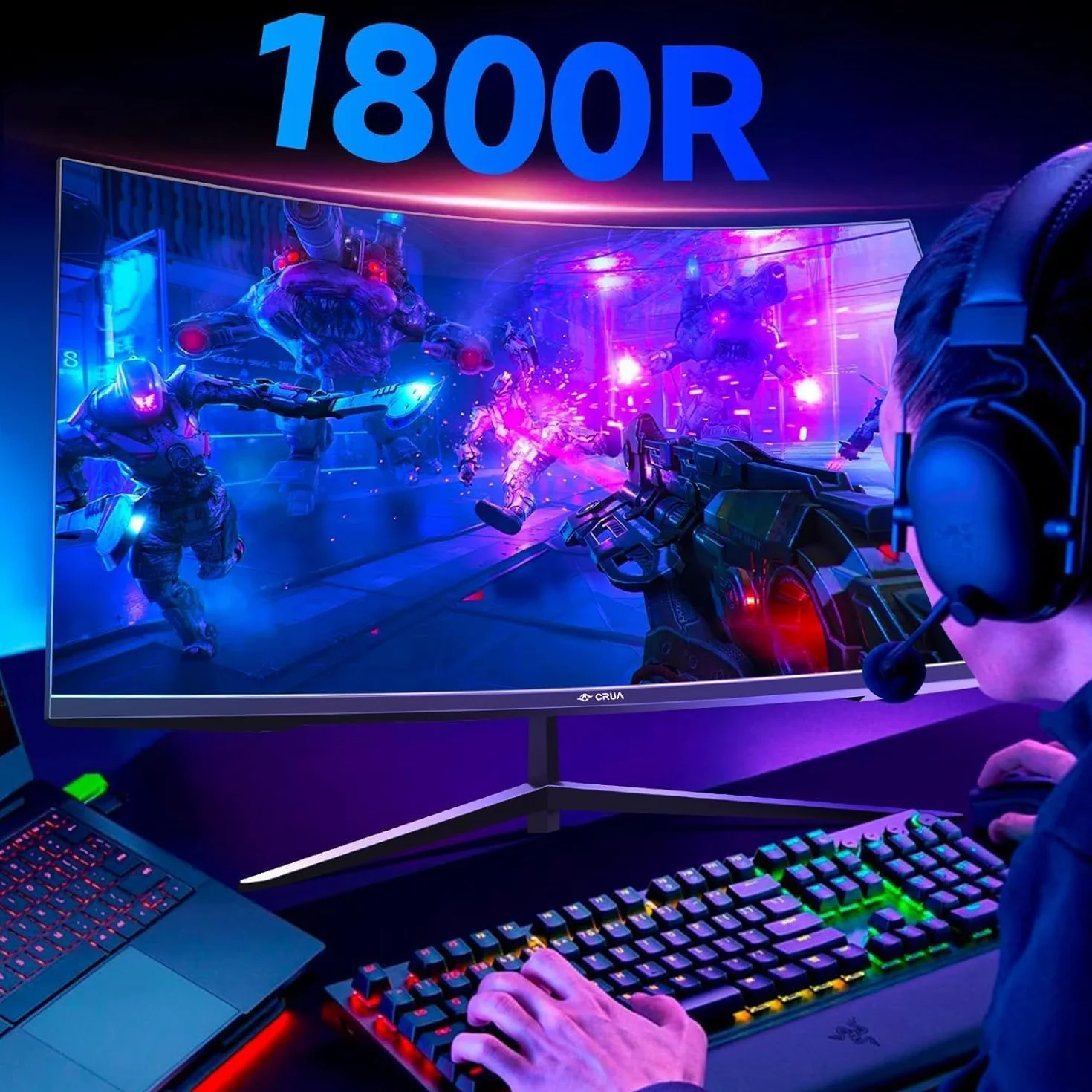 CRUA Zakrzywiony monitor do gier 27 cali 180 Hz/200 Hz, monitor komputerowy FHD 1080P 1800R, 1 ms GTG z FreeSync, niskie rozmycie ruchu, ochrona oczu, VESA, DisplayPort, HDMI,