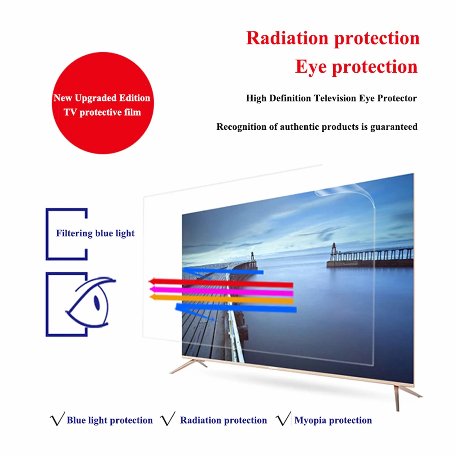 Folia ochronna na wyświetlacz TV, 32-75", filtr ochronny do oczu, akcesoria do telewizora, bez folii bąbelkowej, do LCD, LED, OLED i QLED 4K HDTV, 856 x 478 mm