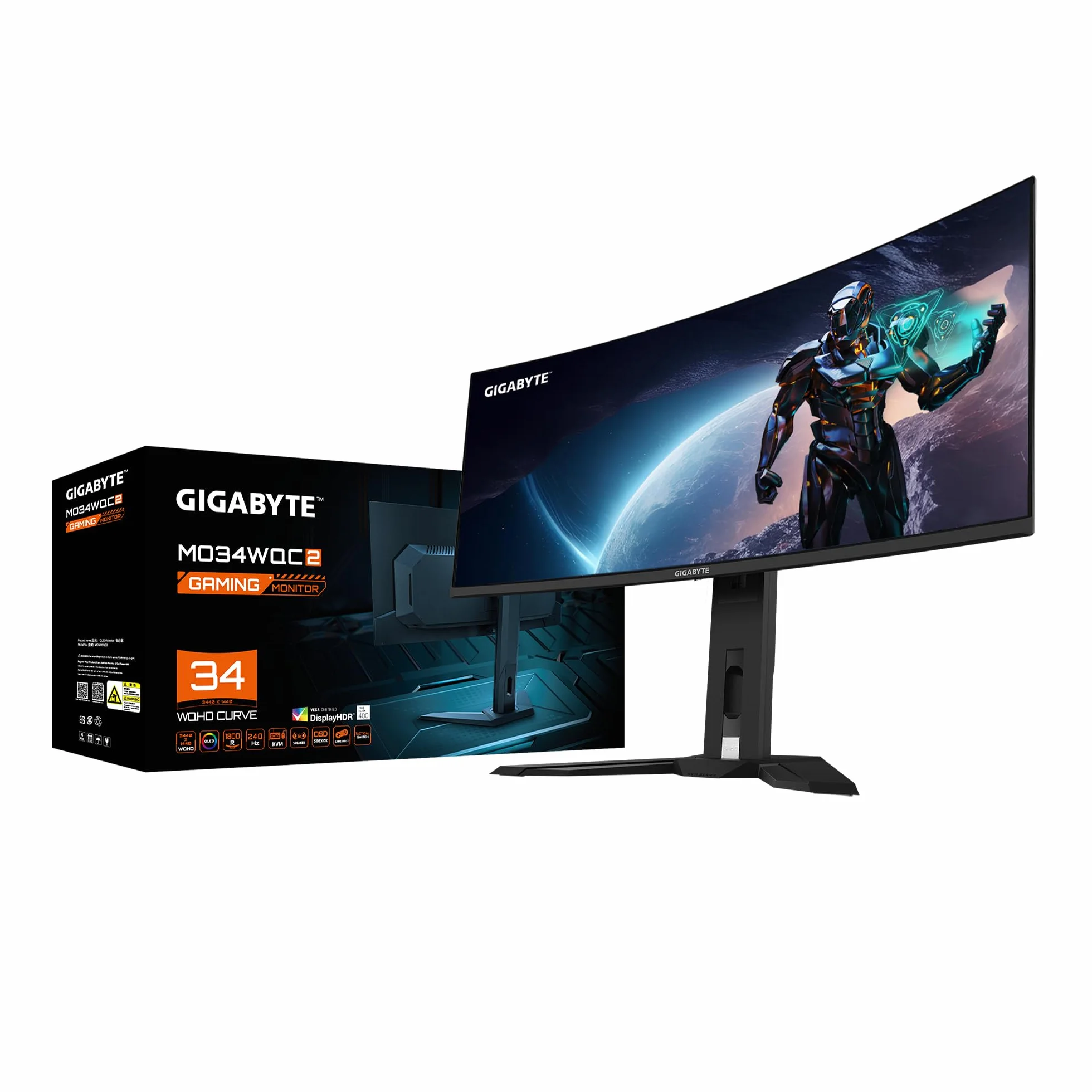 GIGABYTE 34" OLED WQHD MO34WQC2 zakrzywiony monitor do gier, 3440 x 1440, 240 Hz, 0,03ms, KVM, 250 CD/m², FreeSync Premium Pro, DisplayHDR True Black 400, HDMI 2.1, Displayport 1.4