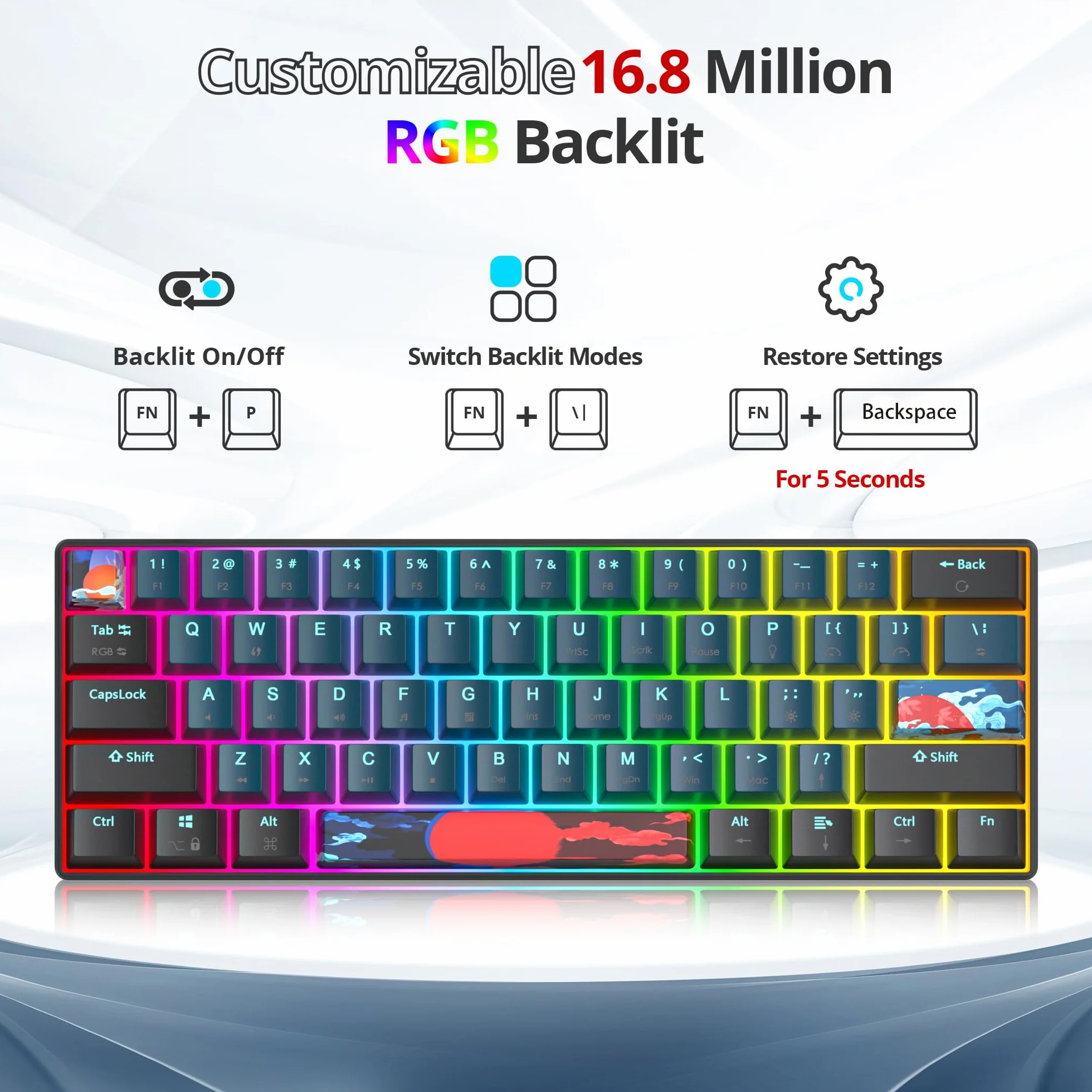 Przewodowa klawiatura mechaniczna RGB 61 klawiszy 60% z podświetleniem PBT z liniowymi czerwonymi przełącznikami dla graczy z systemem Windows PC (61 Monstor)