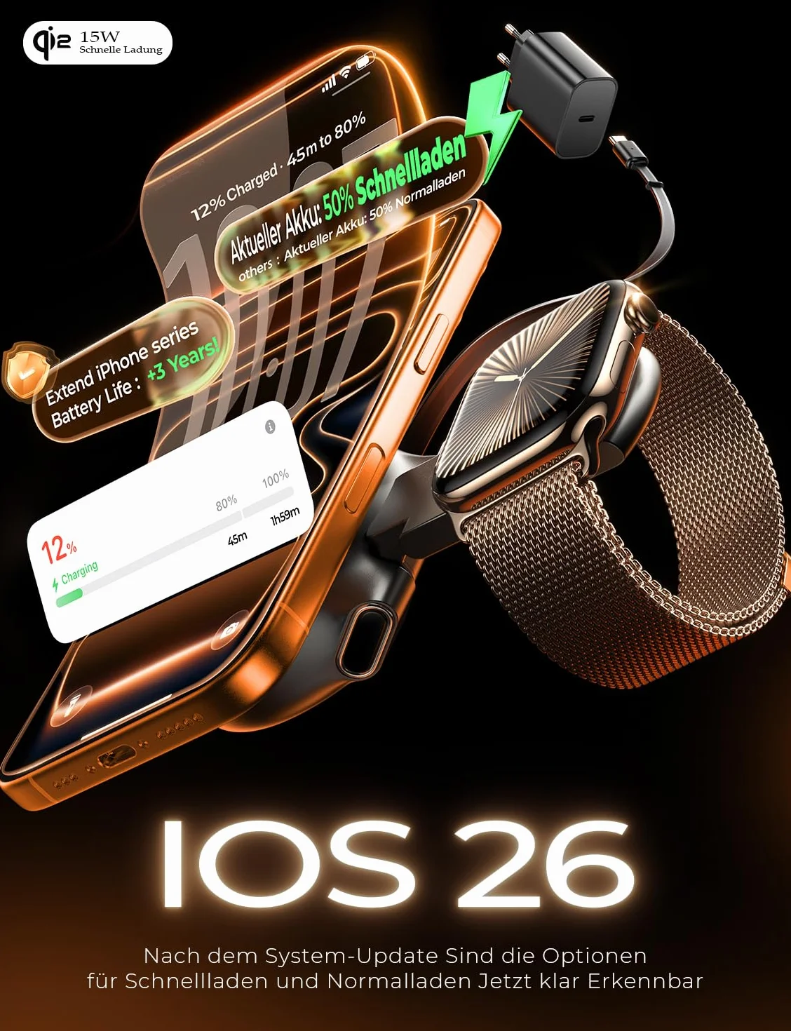 LISEN Magsafe iPhone 15 W, certyfikat Qi2, ładowarka do Apple, 1 m mini zwijany kabel do ładowania do bezprzewodowej ładowarki, stacja ładująca Apple Watch i iPhone 16-12 oraz AirPods (bezpłatna