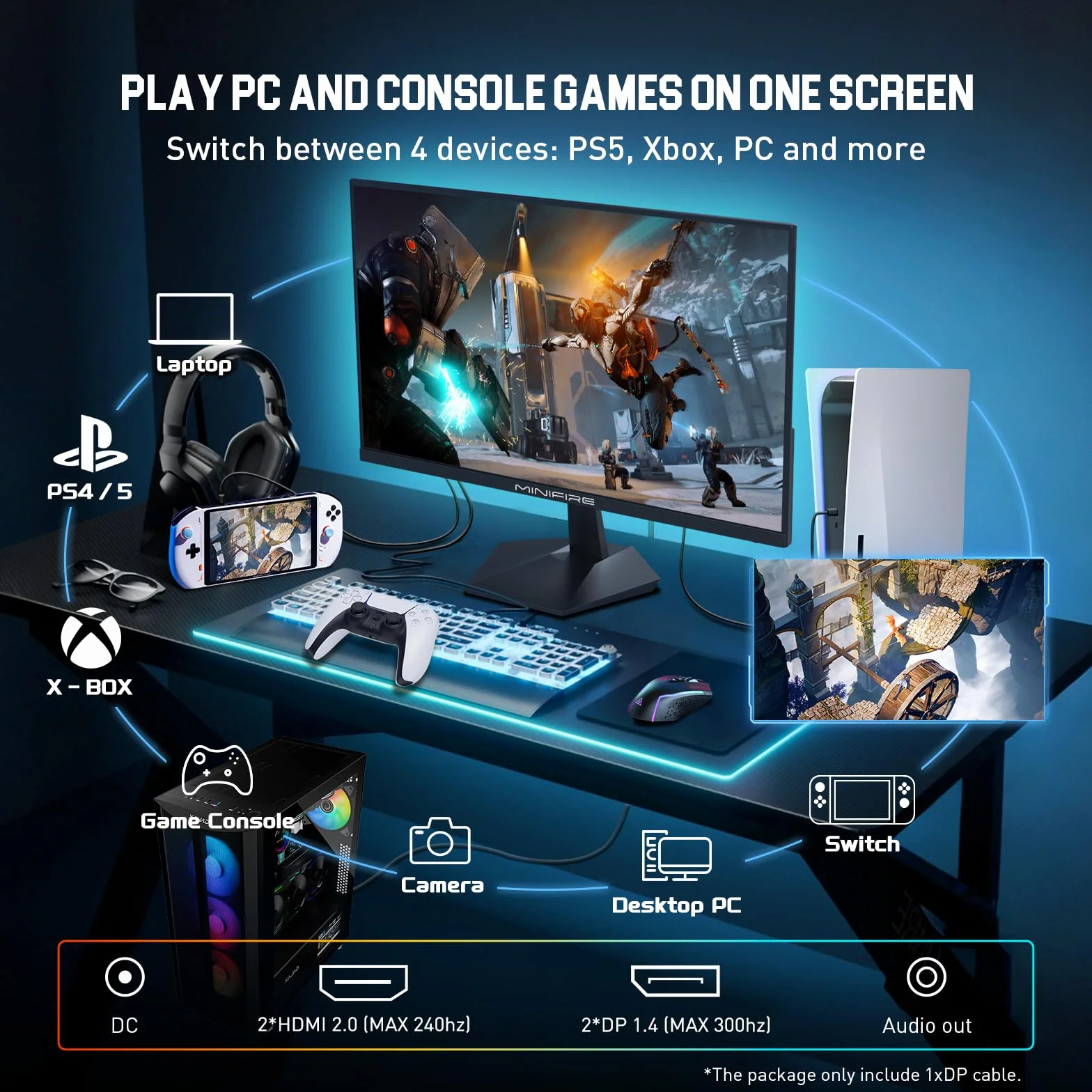 Minifire Monitor gamingowy 24,5", 300 Hz, 1Ms, FHD 1080P, bezramkowy ekran, FreeSync, panel IPS, HDR Ready, sRGB 120%, Eye-Care, HDMI 2.1 i DisplayPort 1.4, VESA 75 x 75 -czarny