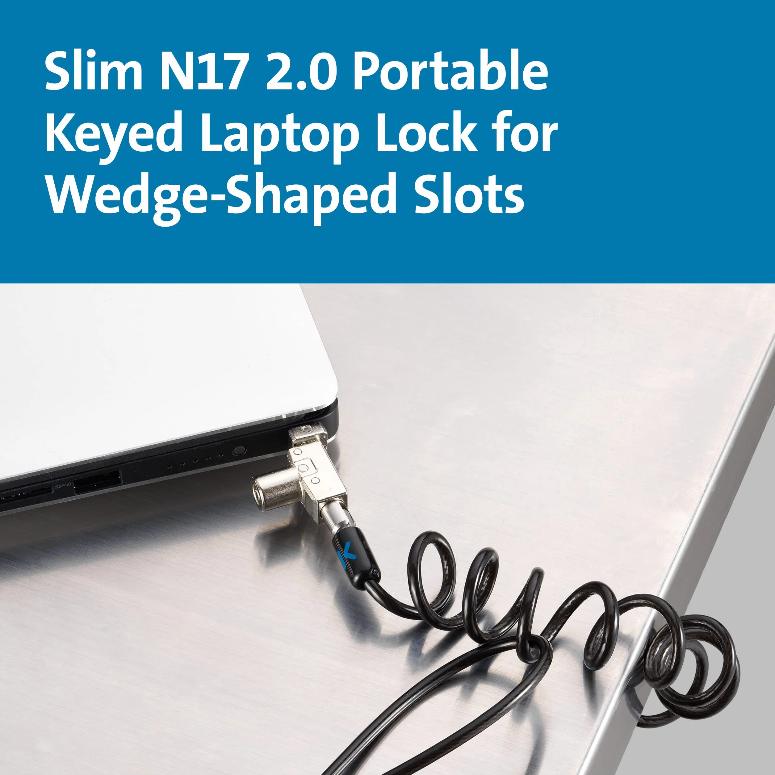 Kensington, przenośna blokada kablowa Slim N17 2.0 do gniazd klinowych z kluczem, zabezpieczenie przed kradzieżą cienkich laptopów, samozwijalna linka ze stali węglowej 1,8 m (K60511WW)