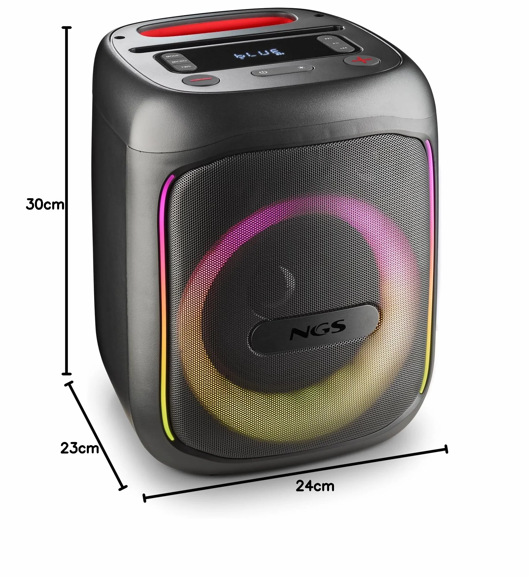 NGS Wild Swag Go przenośny głośnik, kompatybilny z technologią Bluetooth 5.0, True Wireless Stereo, diody LED i ekran, wejście USB, TF i Aux-Audio, 24 x 23 x 30 cm, 80 W, kolor