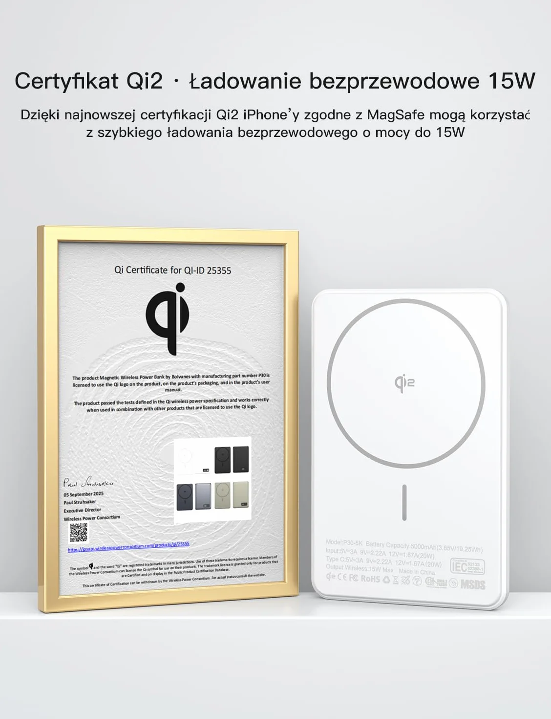 Powerbank Power Bank for MagSafe Slim Cienki 5000 mAh 15 W maks. ładowanie Qi2 Wyświetlacz cyfrowy Smukły Szybkie ładowanie Kieszonkowy Magnetyczny PD Typ C dla iPhone'a 17/16/15/14/13/12 Series