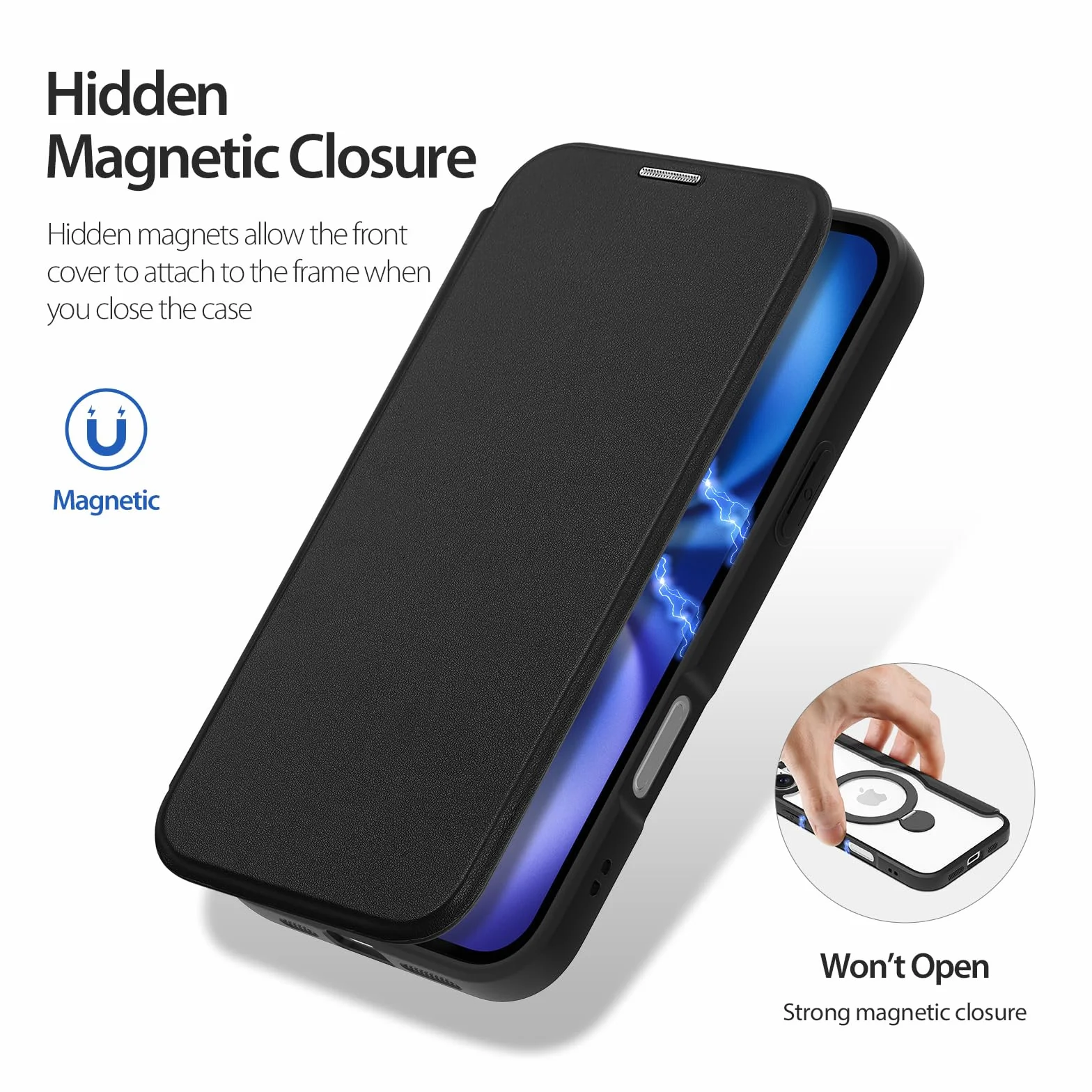 DUX DUCIS Magnetyczne etui do iPhone'a 16, kompatybilne z MagSafe, stojak magnetyczny obracany o 360°, wysokiej jakości skóra PU, etui z klapką z blokadą RFID, przezroczyste, odporne na wstrząsy etui