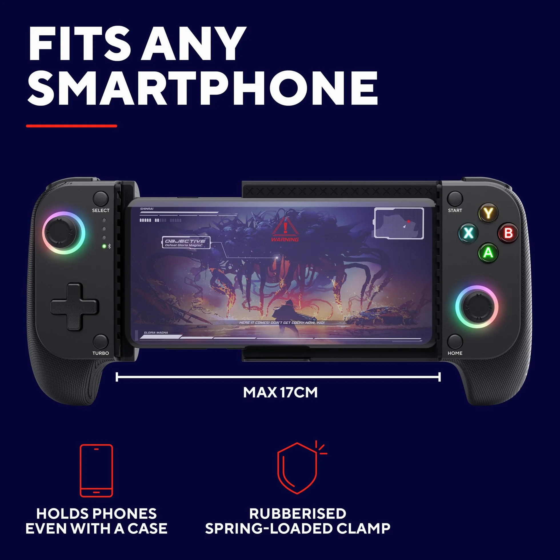 Trust Gaming GXTrust 735 Mylox Kontroler do Gier z Uchwytem na Telefon iPhone Android PS5 Xbox, Akumulator do 12h, Gamepad Bluetooth do Smartfona, Podświetlenie LED RGB, 18 Przycisków, Czarny