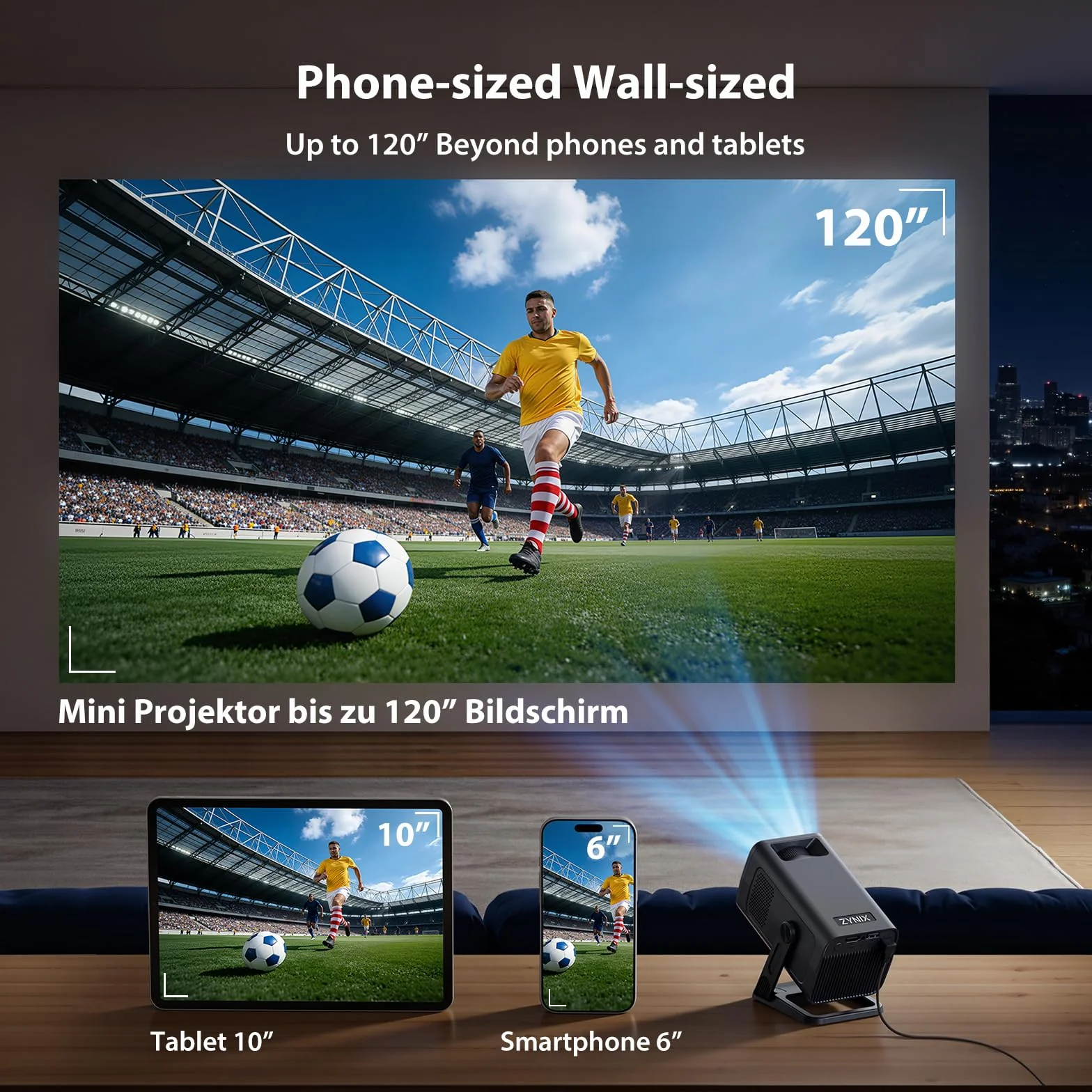 ZYNIX Inteligentny mini projektor z systemem Android 14, obsługuje 4K i 1080P, projektor WiFi 6 i Bluetooth 5.4, Auto Keystone i obrót o 270° do kina domowego, gier i na zewnątrz, NIX500