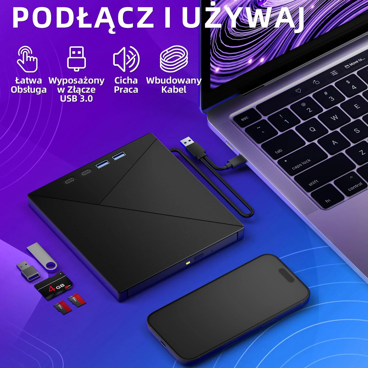 Zewnętrzny napęd CD/DVD Przenośna Nagrywarka Odtwarzacz 7 w 1 | Interfejsem USB 3.0 i Type-C oraz Czytnikiem kart SD/TF i Hubem USB Kompatybilny z Mac/Linux/PC/Laptopa/Windows