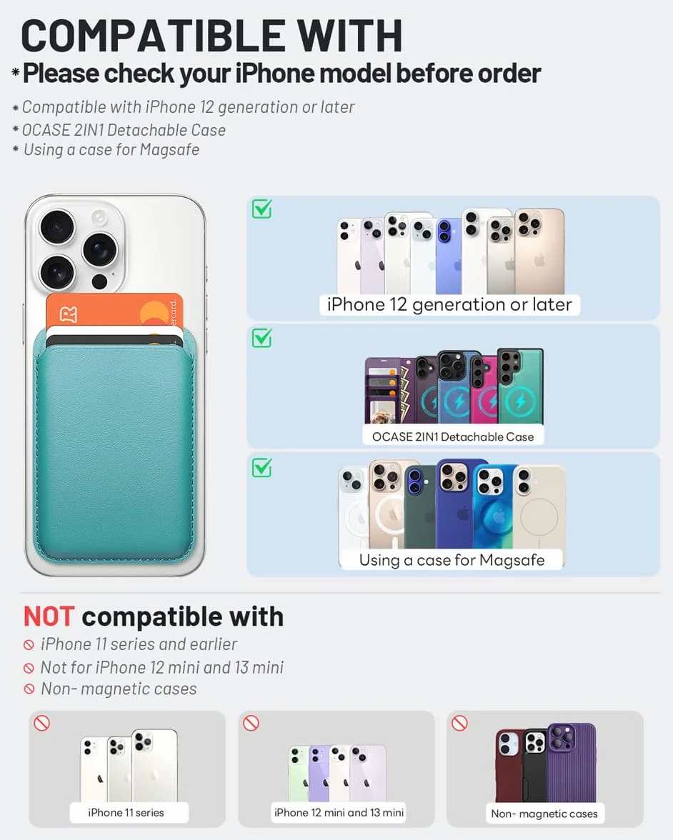 OCASE Portfel magnetyczny MagSafe do iPhone 16/15/14/13/12, etui na karty ze skóry