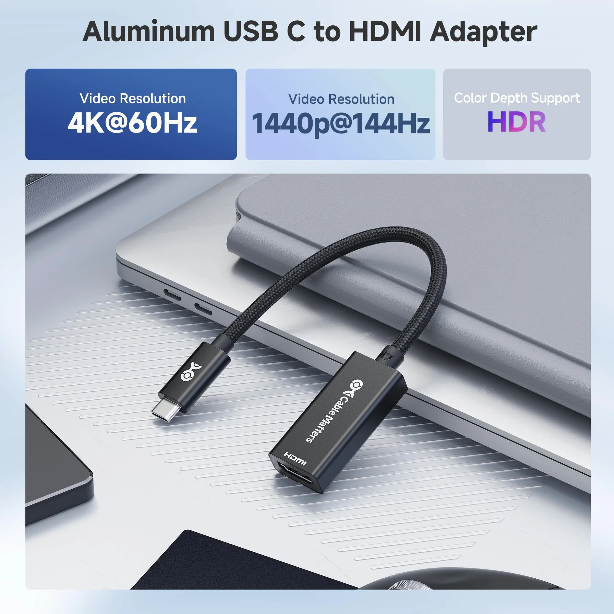 Cable Matters aluminiowy adapter USB C do HDMI, 4K@60Hz, 1440p@144Hz, HDR, przejściówka USB Type-C/USB4/Thunderbolt do HDMI, kompatybilny z iPhone 17/16, MacBook, tablet, TV i monitor