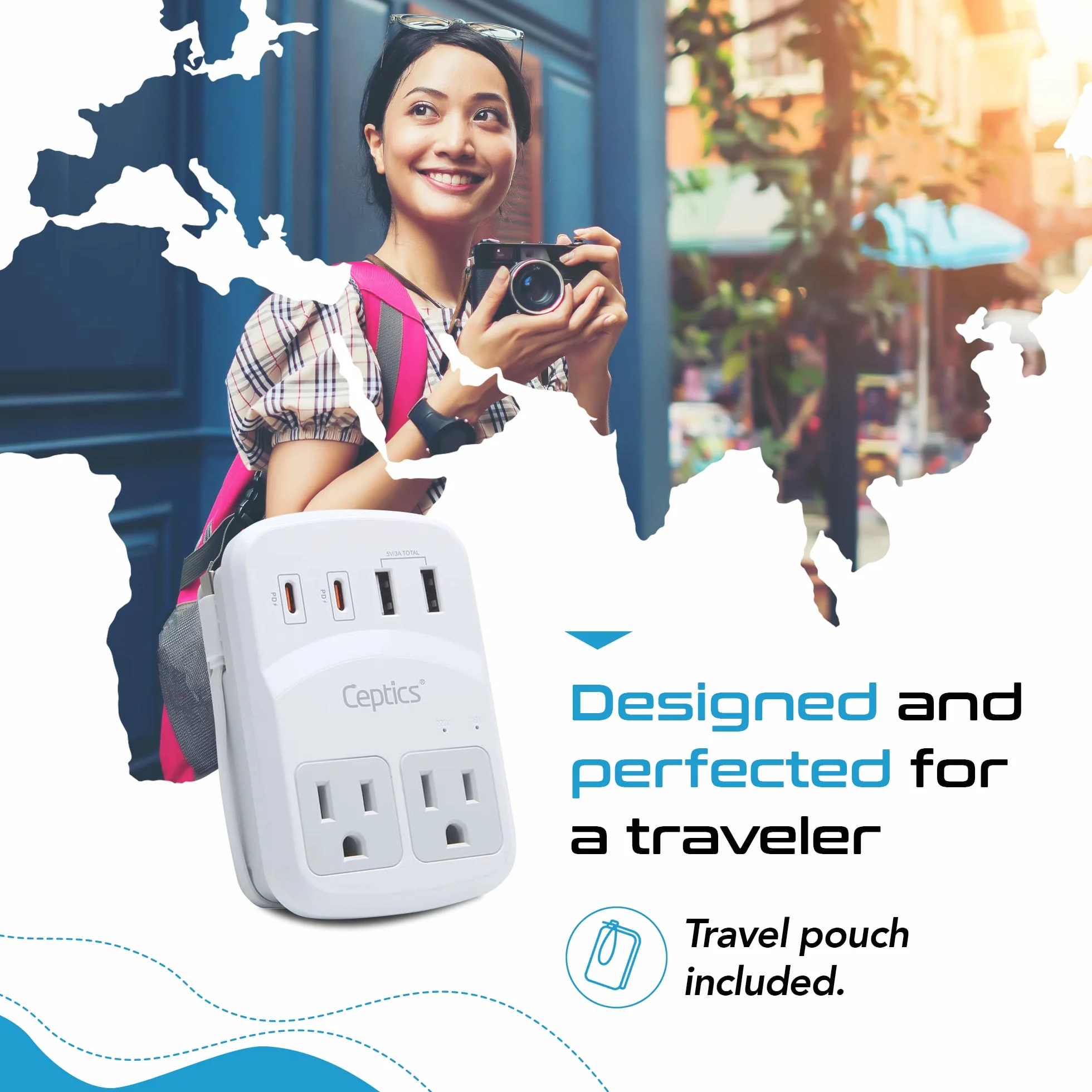 Ceptics World Travel Adapter Kit 2 USB-A, USB-C US Outlets, 20W/QC 18W Power Delivery, Surge Protection, SWADAPT Compatible for Europe, UK, China, Australia, Japan Perfect Laptop (WPS-5B)