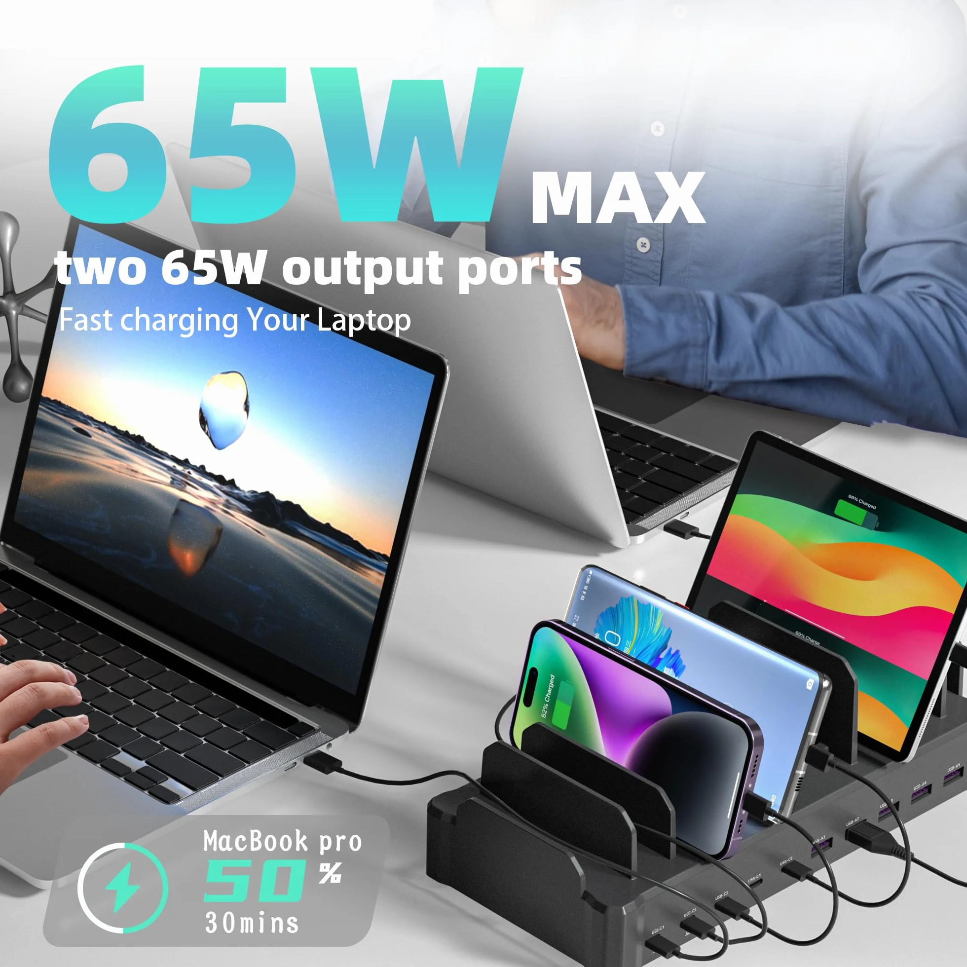 Zobirez - Stacja ładująca 320 W dla wielu urządzeń, 10-portowa stacja szybkiego ładowania USB C dla MacBooka, iPhone'a, telefonu komórkowego z systemem Android, iPad, tabletów, wielu organizatorów