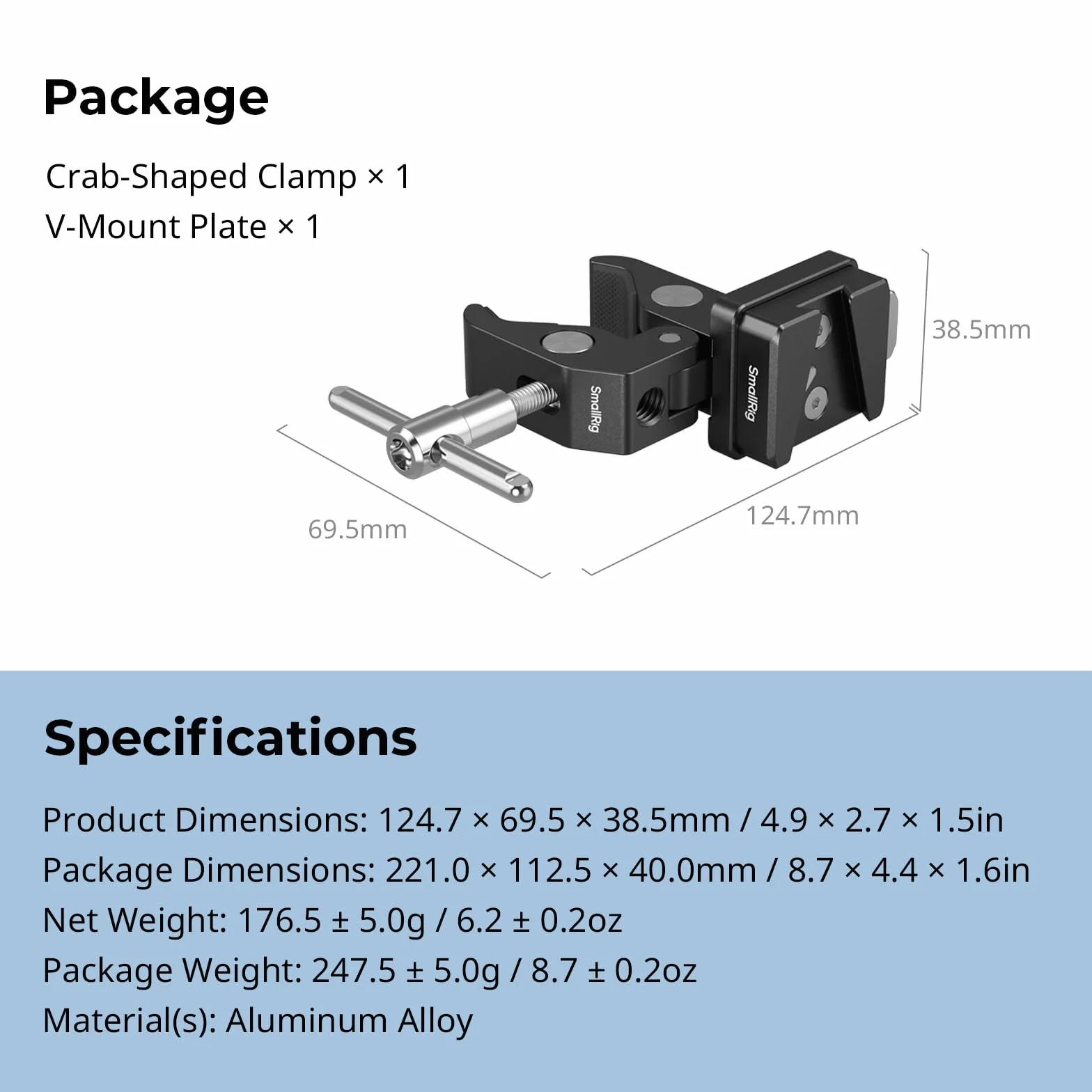 Zacisk SMALLRIG V-Mount w kształcie kraba, 15-40 mm, antypoślizgowy, udźwig 1,5 kg, kompatybilny z akumulatorami V-Mount różnych marek - 5313
