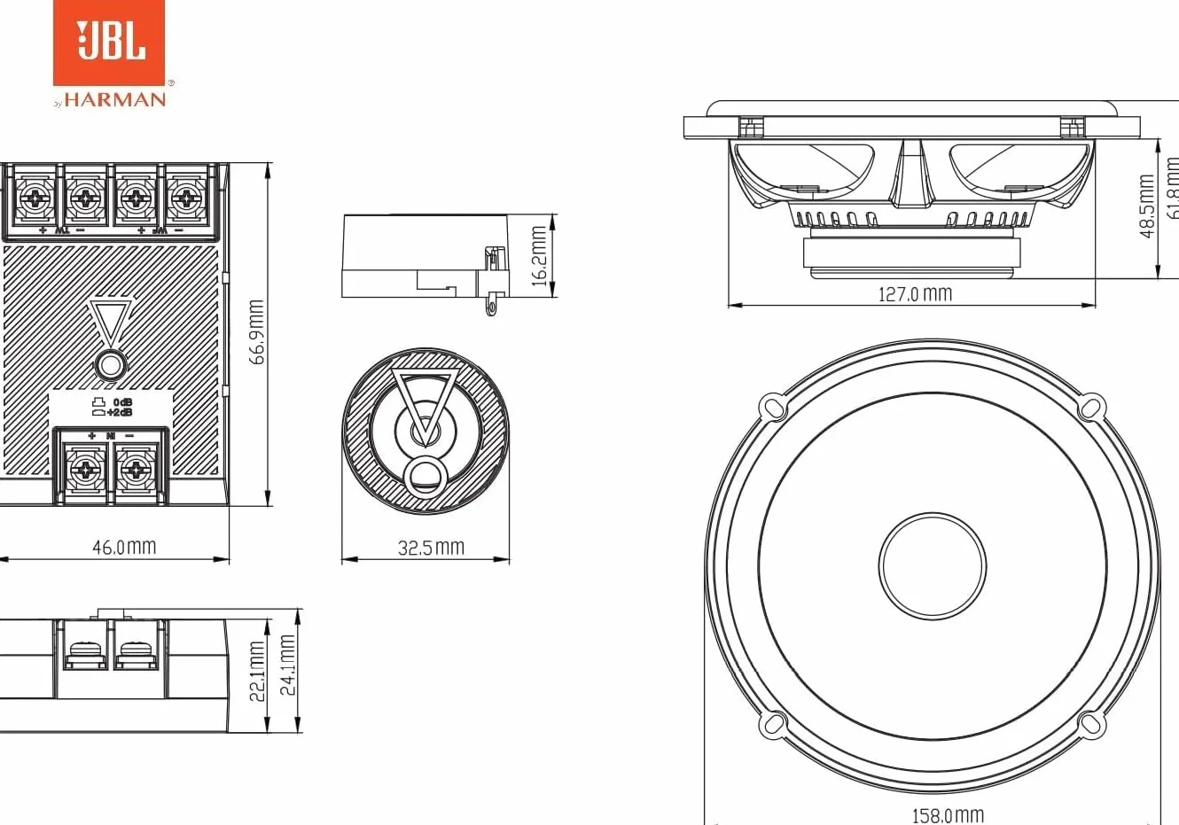 JBL Stage3 607CF Harman Kardon 2-drożny zestaw głośników samochodowych - Komponenty 250 W Zestaw głośników samochodowych Pro Sound z głośnikiem ściennym 160 mm bez siatki i ściennego głośnika