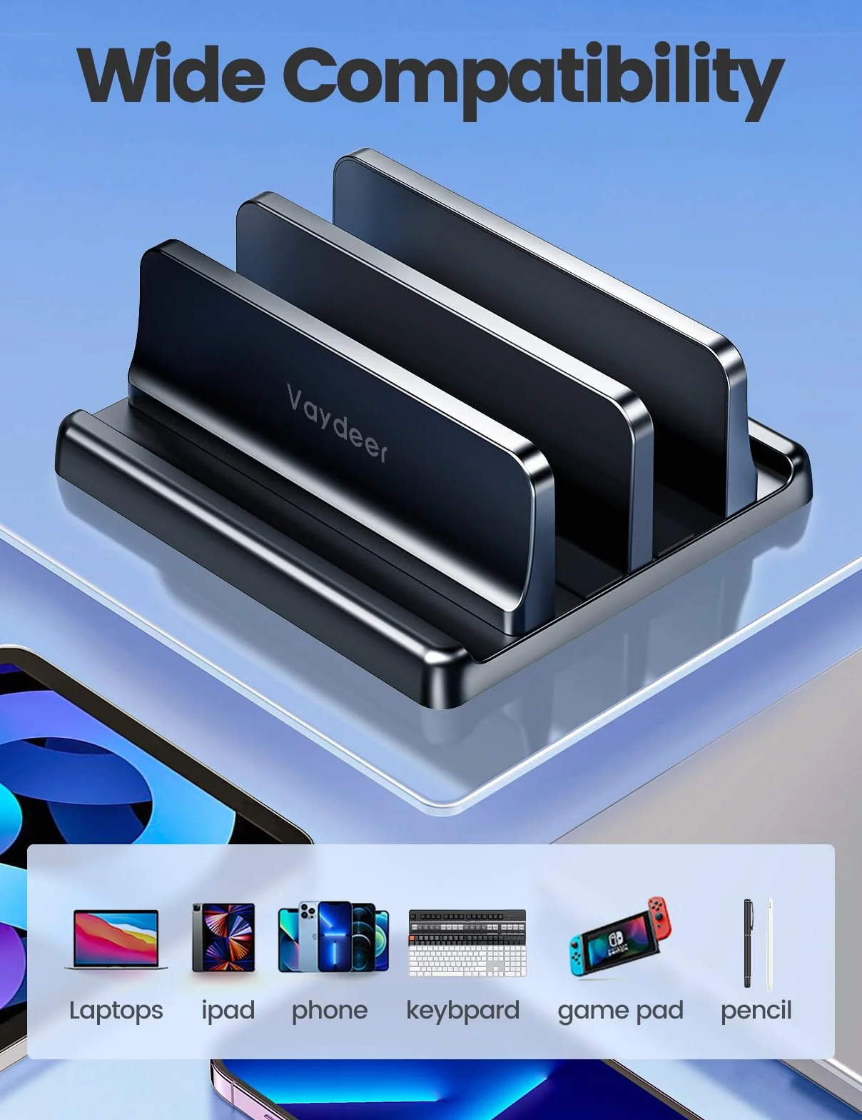 VAYDEER Pionowy stojak na laptopa, regulowany stojak na laptopa 4 w 1, z 2 przegródkami oszczędzającymi miejsce, na MacBook, laptop, iPad, laptopy do 17,3", czarny