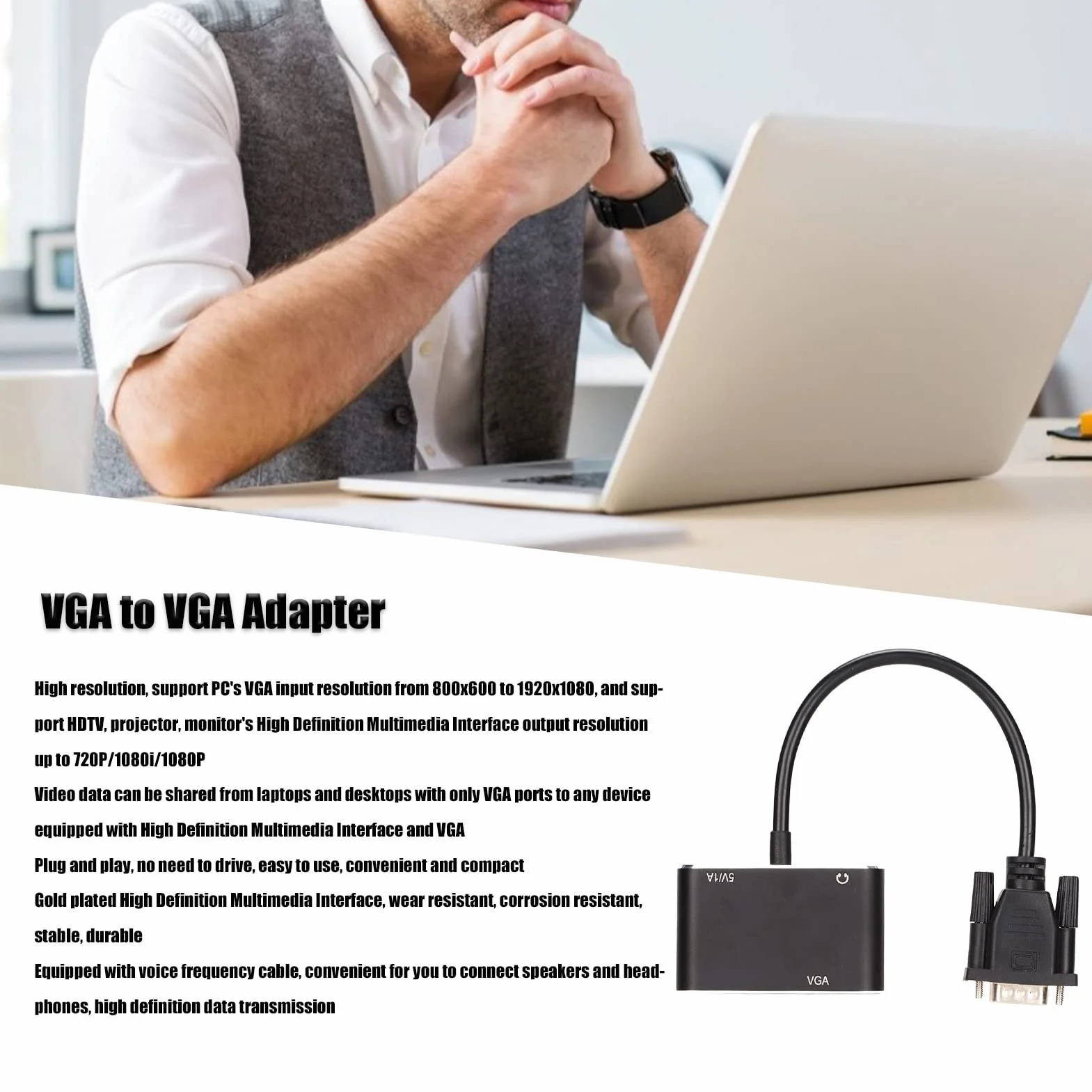 Rozdzielacz 2 w 1 VGA na HDMI Adapter - Stabilne Akcesoria Komputerowe o Wysokiej Rozdzielczości do Komputera Stacjonarnego, Laptopa, Monitora, Projektora