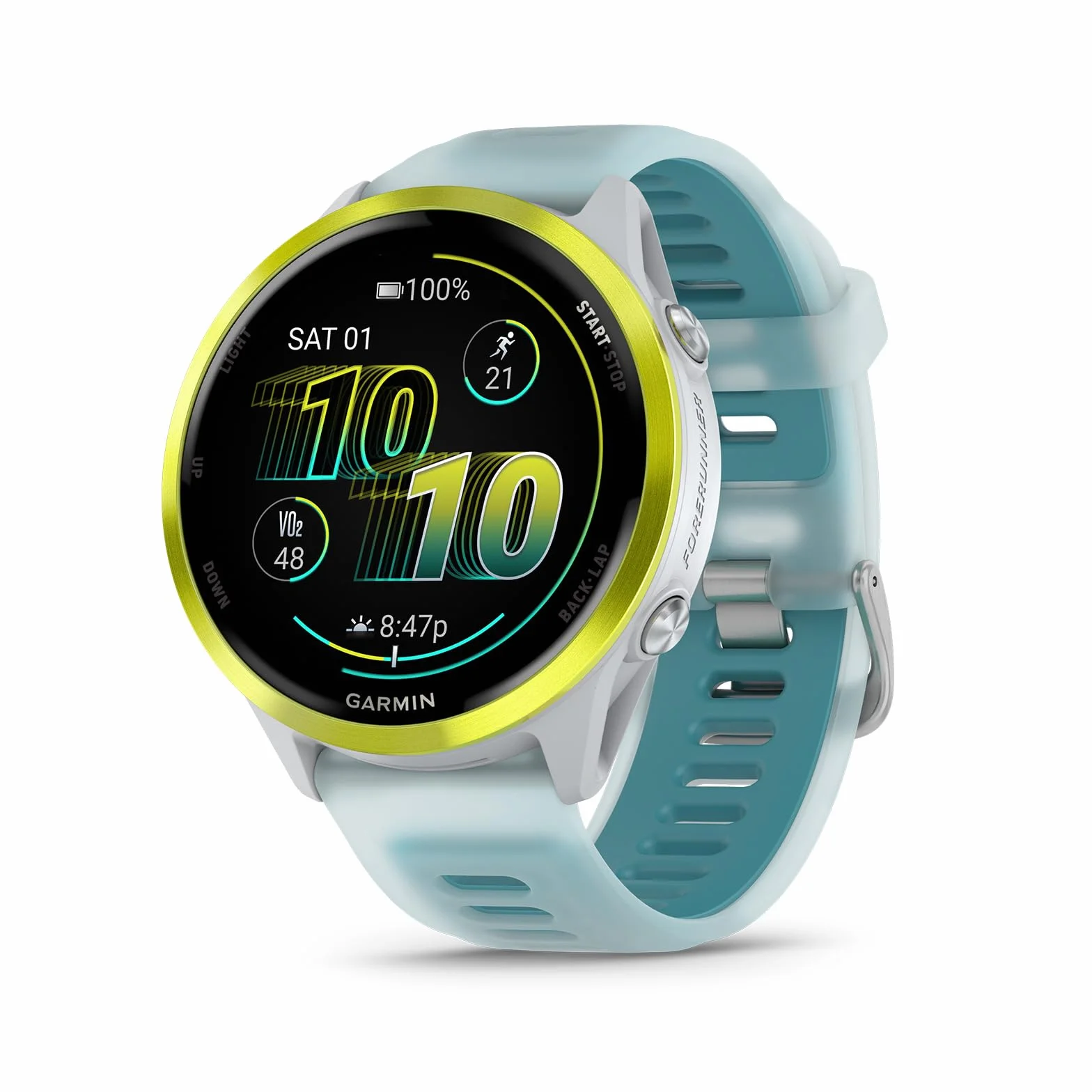 Garmin® Forerunner® 570, 47mm, Advanced GPS Running and Triathlon Smartwatch, AMOLED Display, Training and Recovery Features, Amp Yellow Aluminum with Translucent Whitestone/Turquoise Band | Wyświetlacz Amoled 47 mm, aluminiowa ramka, trening i wyszukiwan