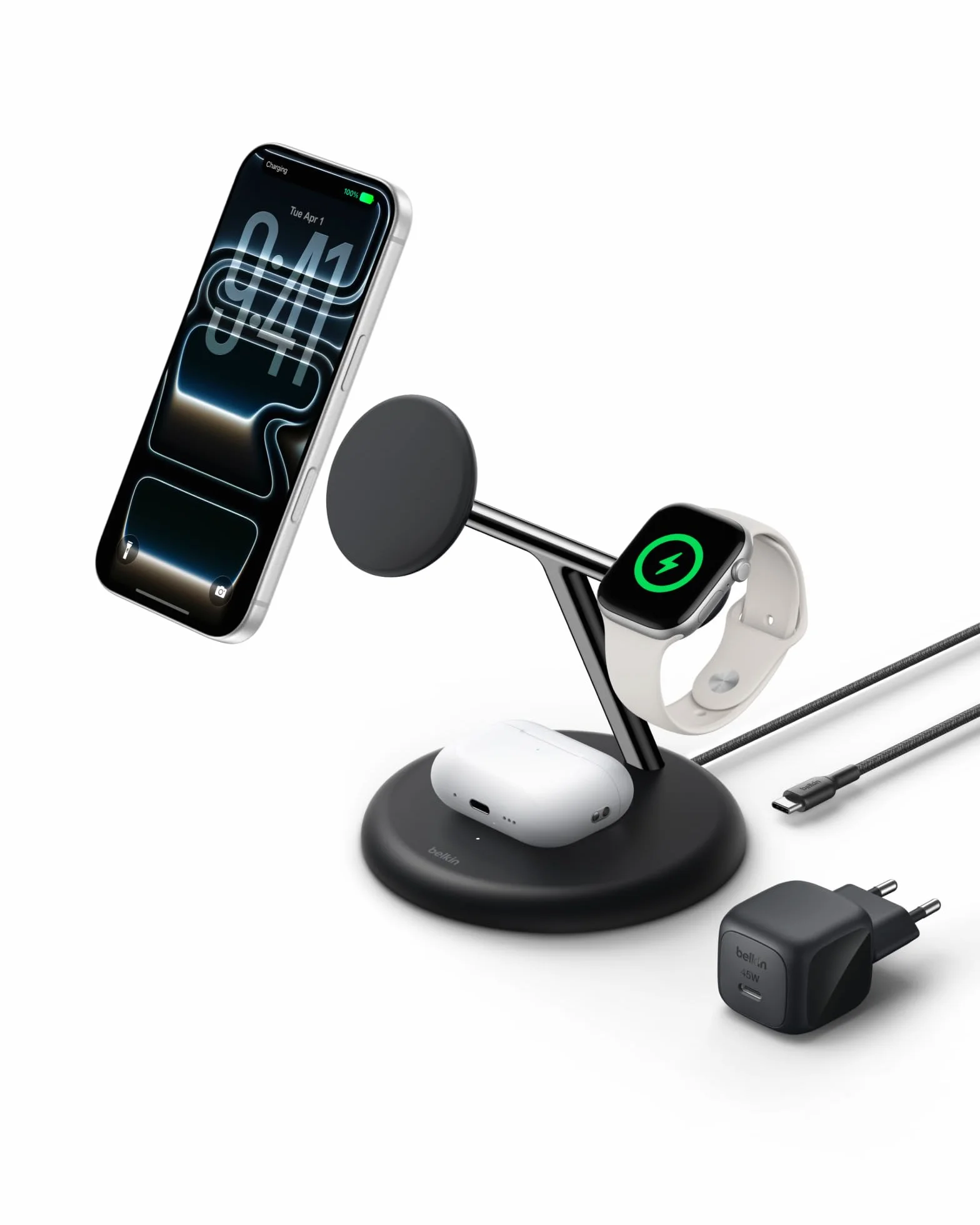 Belkin UltraCharge Bezprzewodowa Stacja Ładująca 3 w 1 z Qi2, 25 W – Czarna | Zgodna z MagSafe Ładowarka do Urządzeń iPhone, Apple Watch i Słuchawek, Certyfikat Qi2.2, z Kablem USB-C i Zasilaczem 45 W