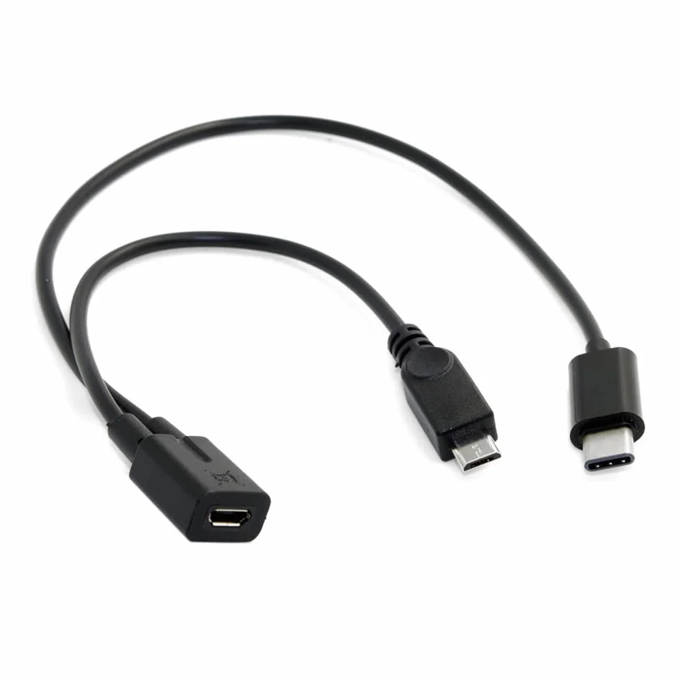 Adapter USB-C na MicroUSB, 2-portowy, AWG 28, czarny Micro USB żeński na USB-C typ C USB 3.1 Micro USB męski rozdzielacz przedłużający kabel do ładowania
