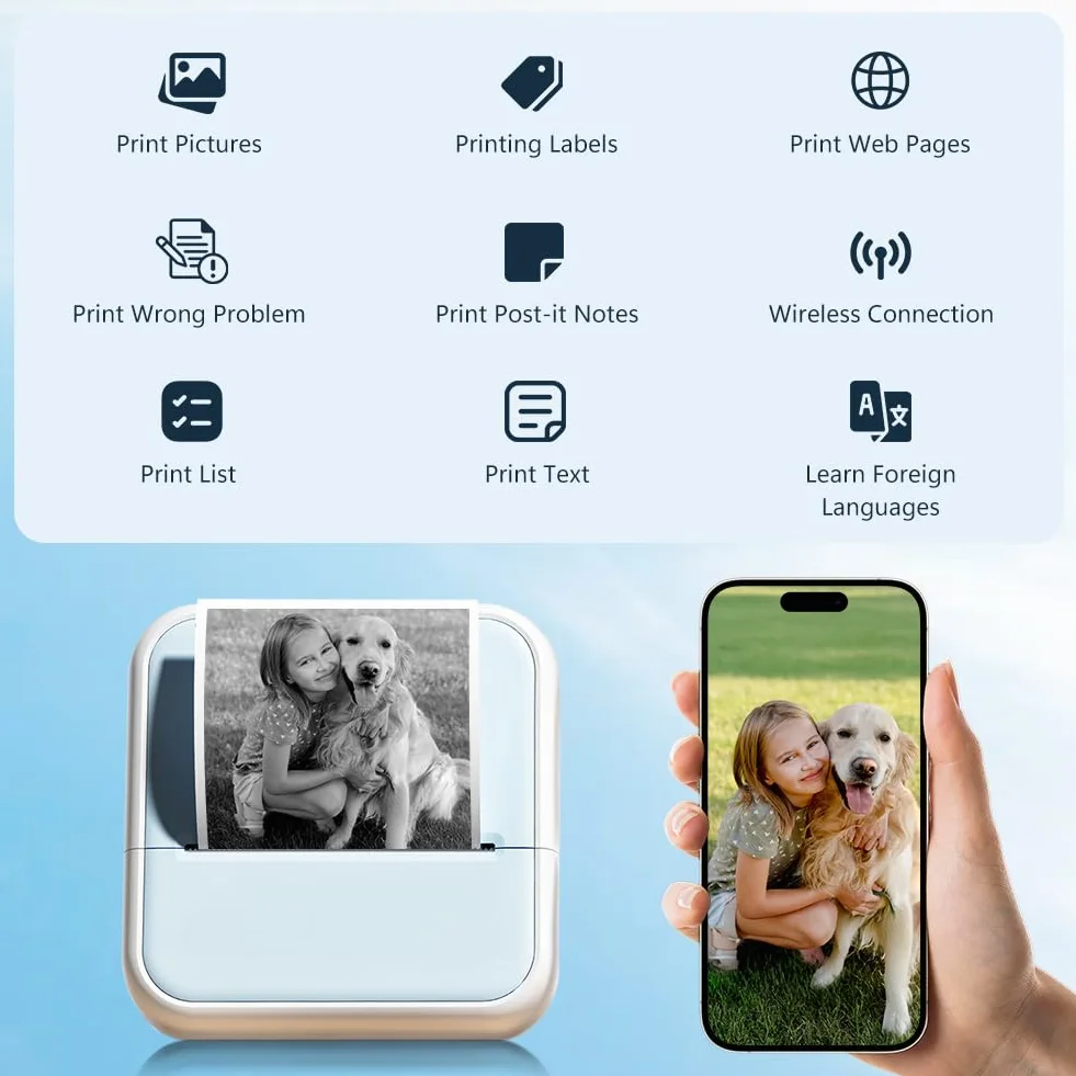 OFFCUP Mini drukarka Mini drukarka fotograficzna z 5 rolkami papieru Przenośna mini drukarka termiczna Drukarka kieszonkowa Drukarka Bluetooth do smartfonów z systemem iOS i Androidem do notatek