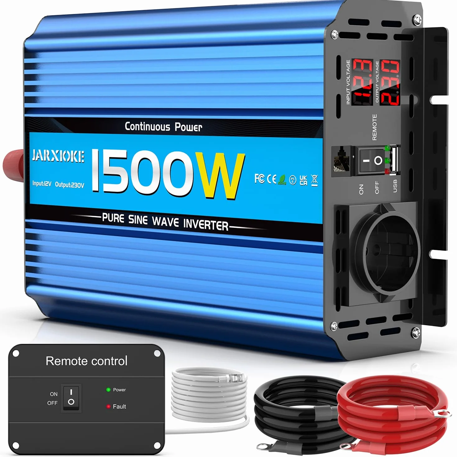1500w Przetwornik 12V do 230V Czysty Sinus Falownik Napięcia 12V 230v DC Przetwornik Słoneczny,z Gniazdem Europejskim i USB,Pilot Zdalnego Sterowania