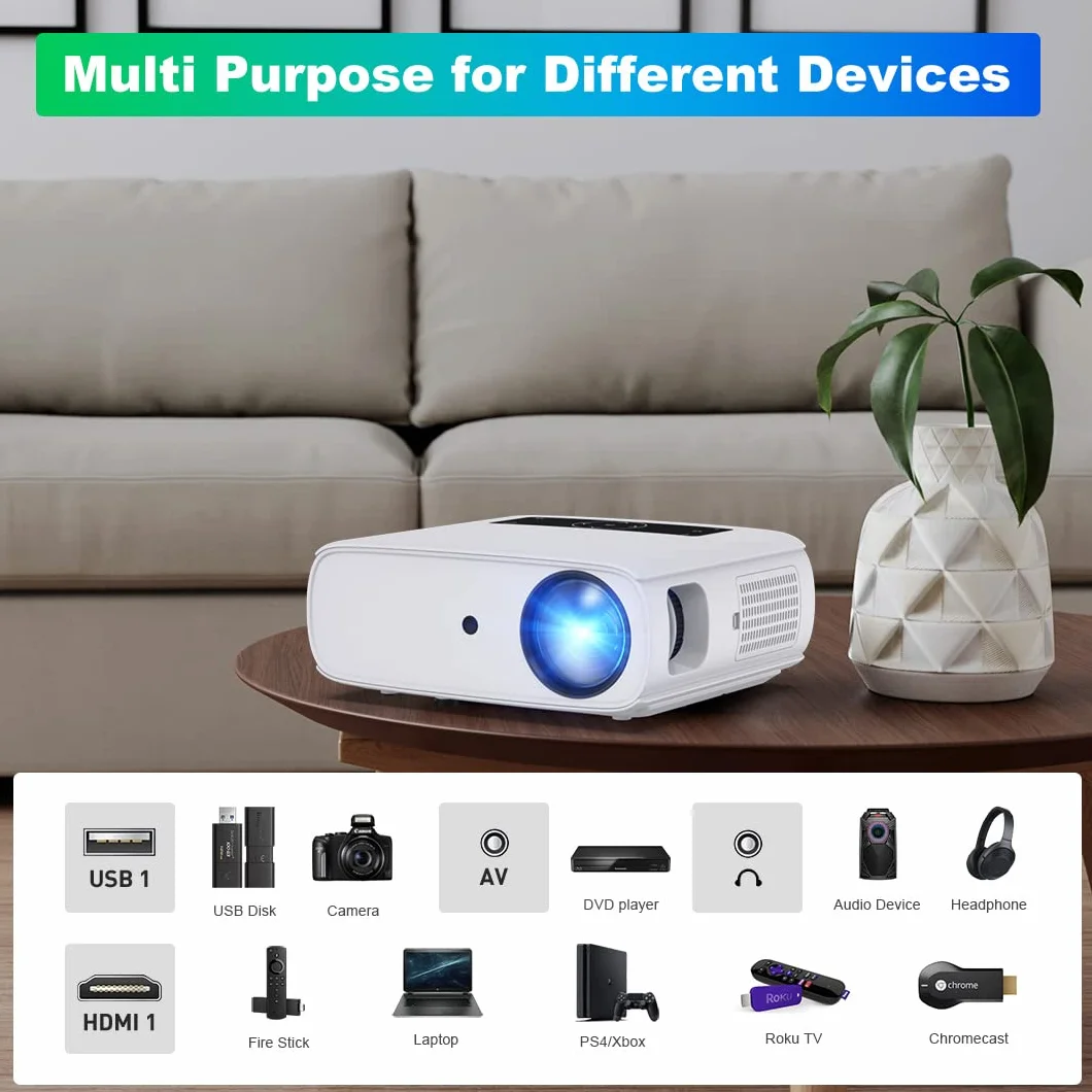 Projektor HOPVISION, natywny projektor 1080P Full HD, projektor kina domowego 4K z 150000 godzin, 350-calowy projektor multimedialny Bluetooth do smartfona/PC/laptopa/PS4/TV stick/EXCEL/PPT