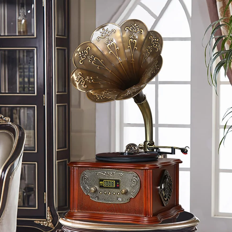 Vintage gramofon - Bluetooth, USB, radio FM, miedziany róg do odtwarzania płyt LP