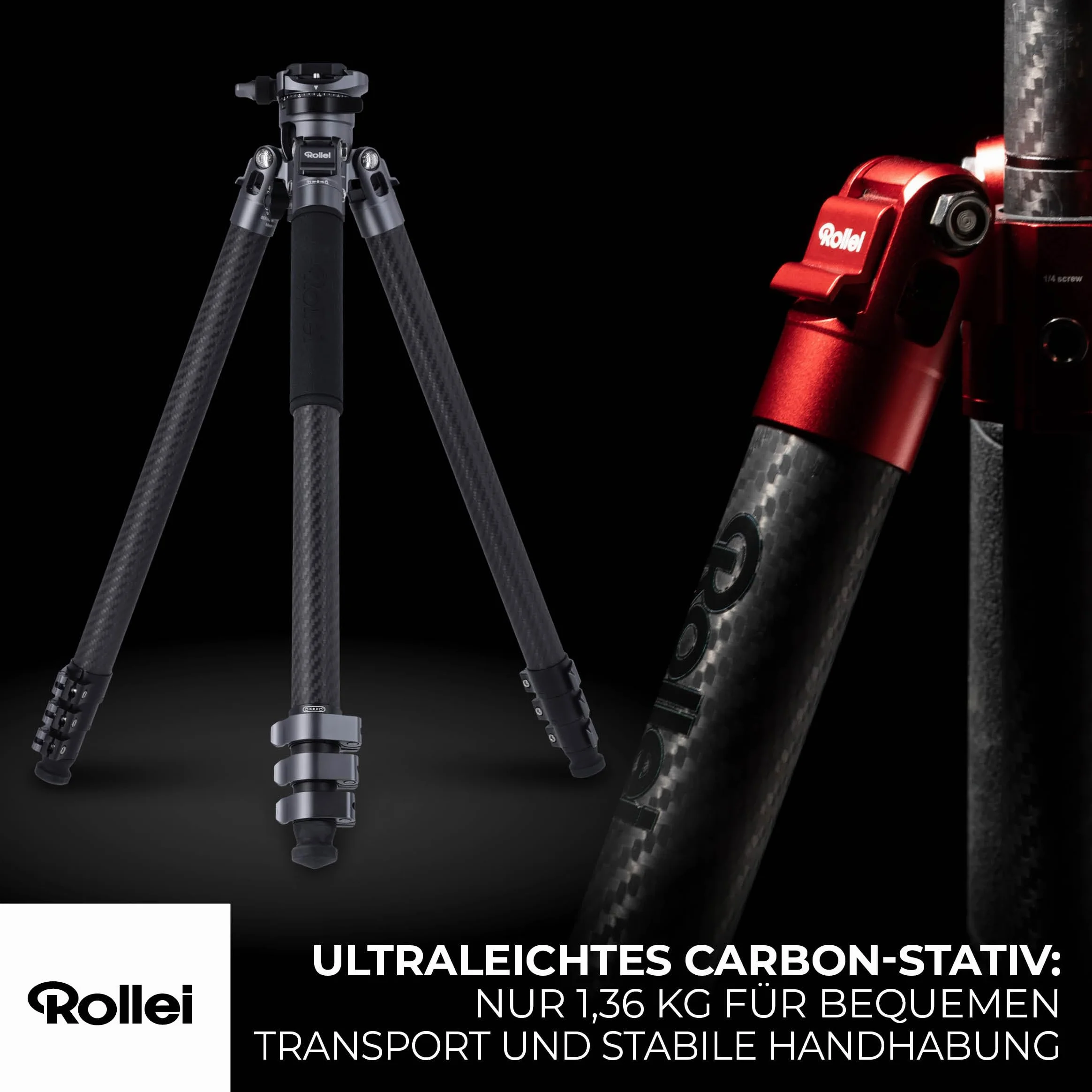 Rollei Easy Traveler XL statyw węglowy – nośność 10 kg, stabilna konstrukcja, ultralekki, kompaktowy, funkcja blokowania bez wysiłku