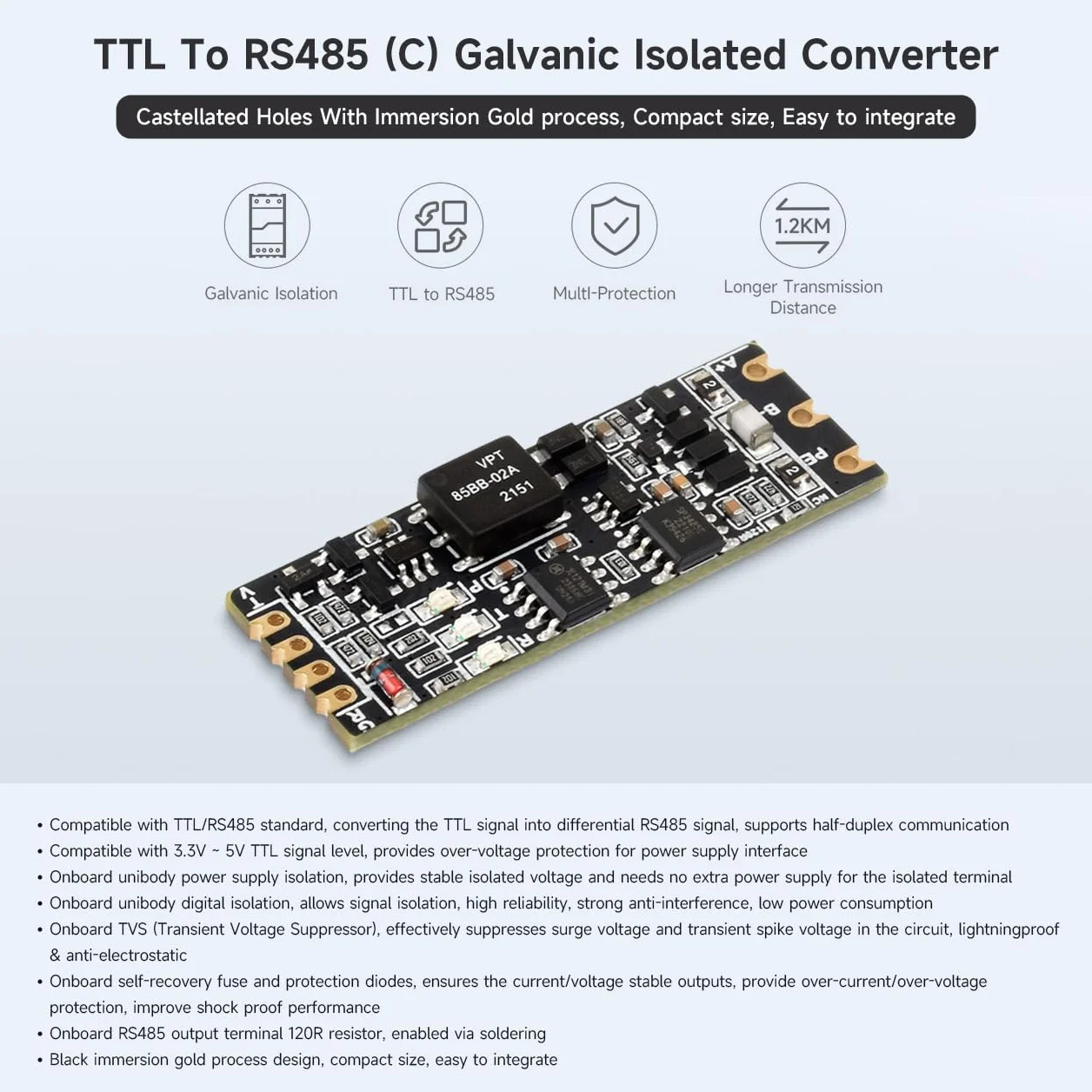 Waveshare TTL To RS485 (C) Galvanic Isolated Converter, Half-Duplex Communication, Lightningproof & Anti-Surge, Multi-Isolation Protection