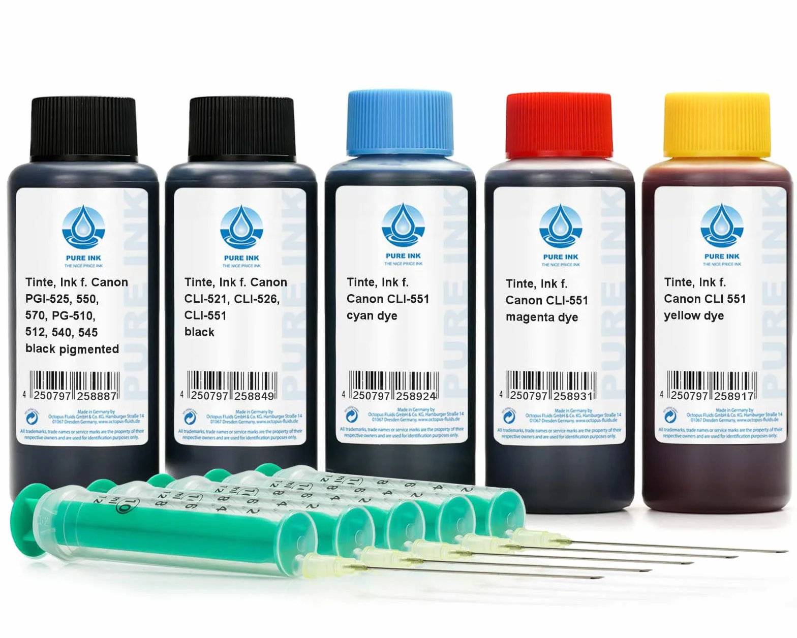 Octopus Wkłady atramentowe 500 ml, tusz do drukarki kompatybilny z wkładami Canon PGI-550, CLI-551, do serii Pixma IP 7200, IP 7250, IP 8700, IP 8750, seria IX 6800, IX 6850
