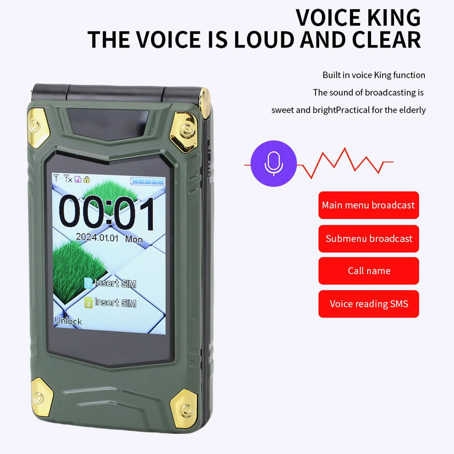 LICAEVEY Odwróć Telefon Komórkowy dla Seniorów, 1,3MP Dual Screen Telefon z podwójną kartą SIM, Odblokowane Telefony z Szybkim Wybieraniem, Jedno Klawisz Latarki 丨 Głośno Głośnik 丨 4800 (GREEN)