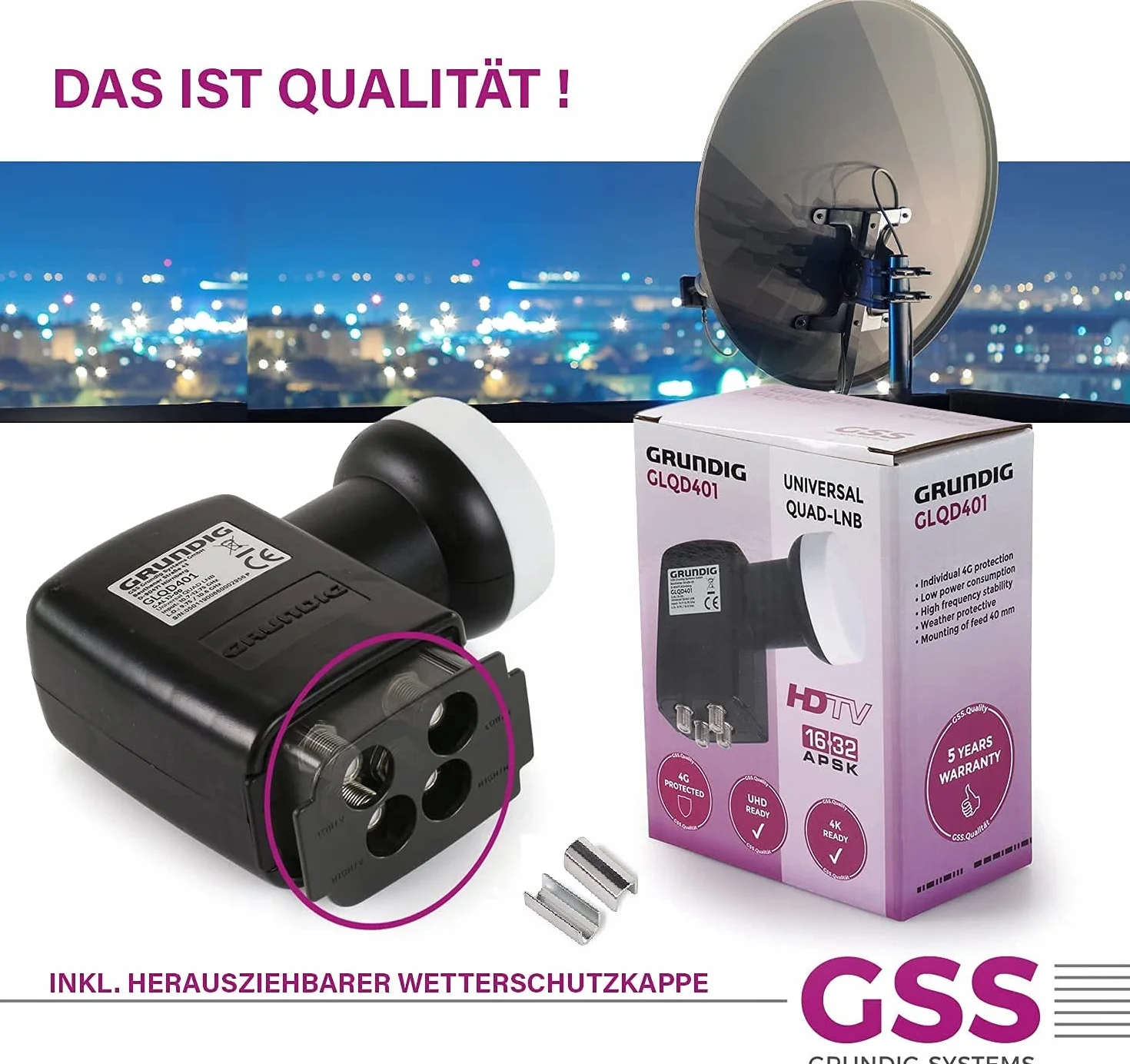 Test 2x bardzo dobry *] GSS Quad LNB, ekranowanie LTE, cyfrowy 4K LNB dla 4 odbiorników, do telewizora, odbiornika satelitarnego, HD LNC do anteny satelitarnej, anteny satelitarnej, lustra, 0,1 dB