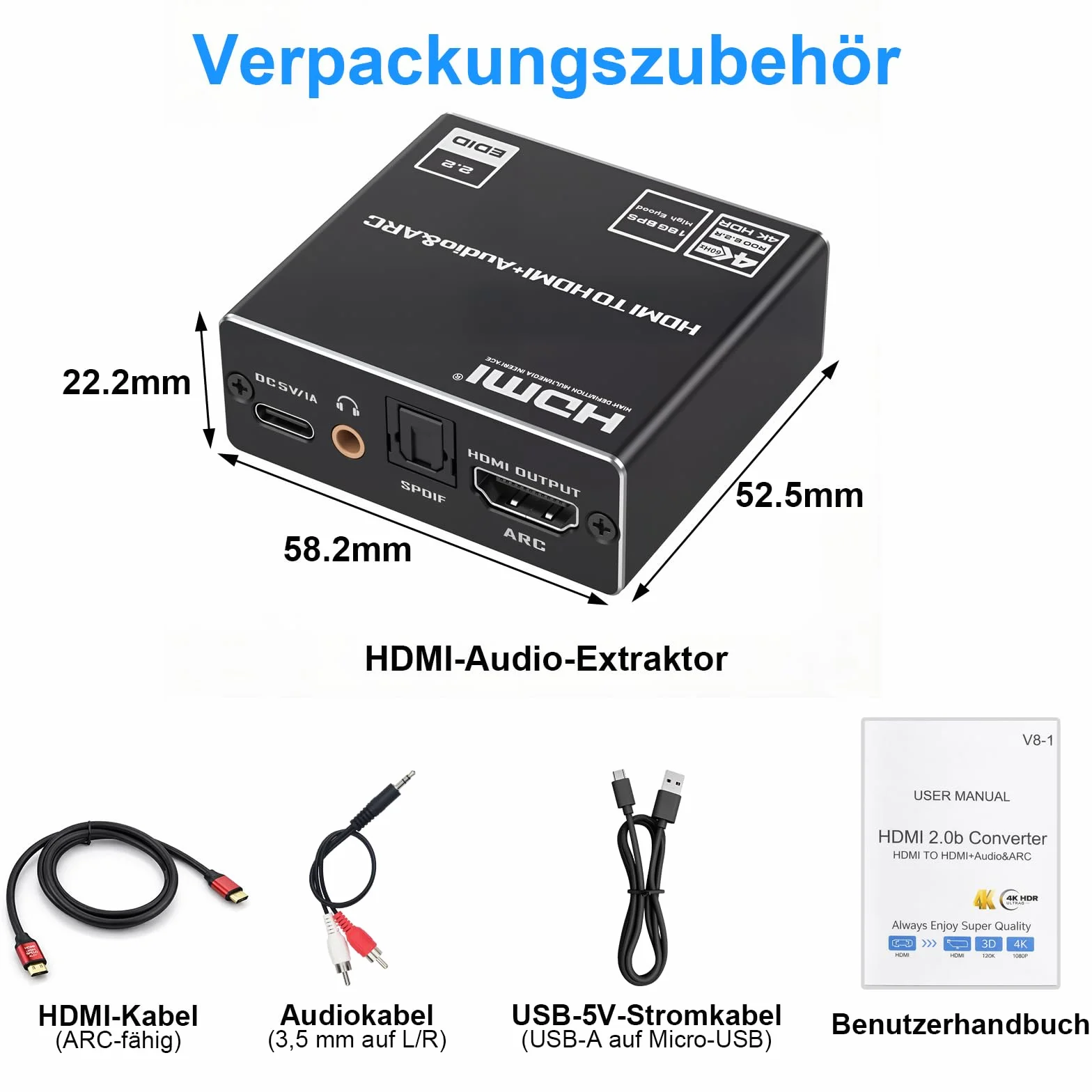 HDMI ARC Audio Extractor 4K 60Hz HDMI adapter optyczny na 3,5 mm konwerter rozdzielacz, przetwornik cyfrowy analogowy 192 kHz DAC, SPDIF TOSLINK Optical i wyjście audio stereo 3,5 mm, obsługuje LPCM
