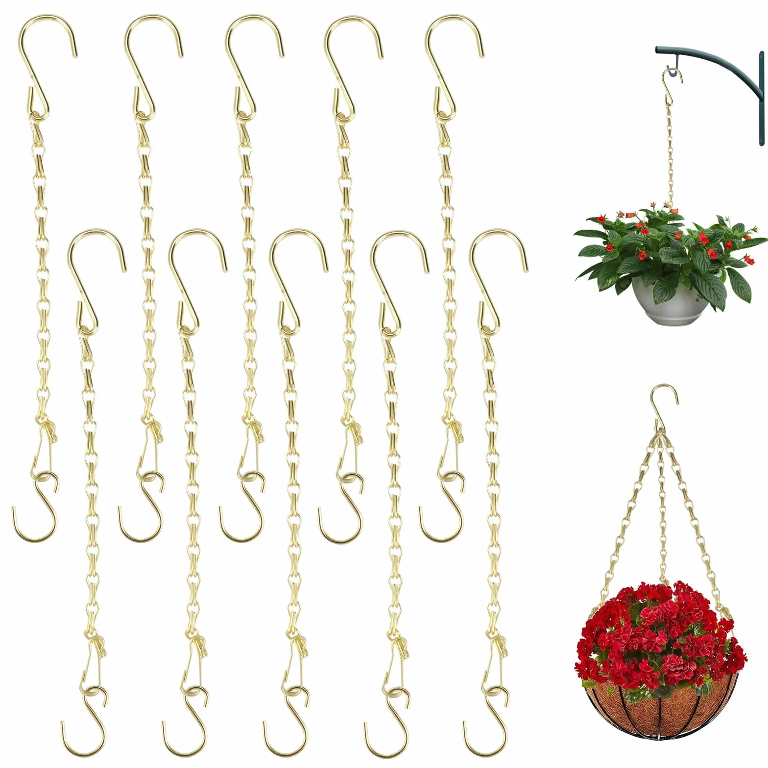 10 metalowych wiszących łańcuchów do kosza, 25 cm, do zawieszenia, z zatrzaskami i haczykami w kształcie litery S, złote, do wiszących doniczek, karmników dla ptaków, latarni, dzwonków