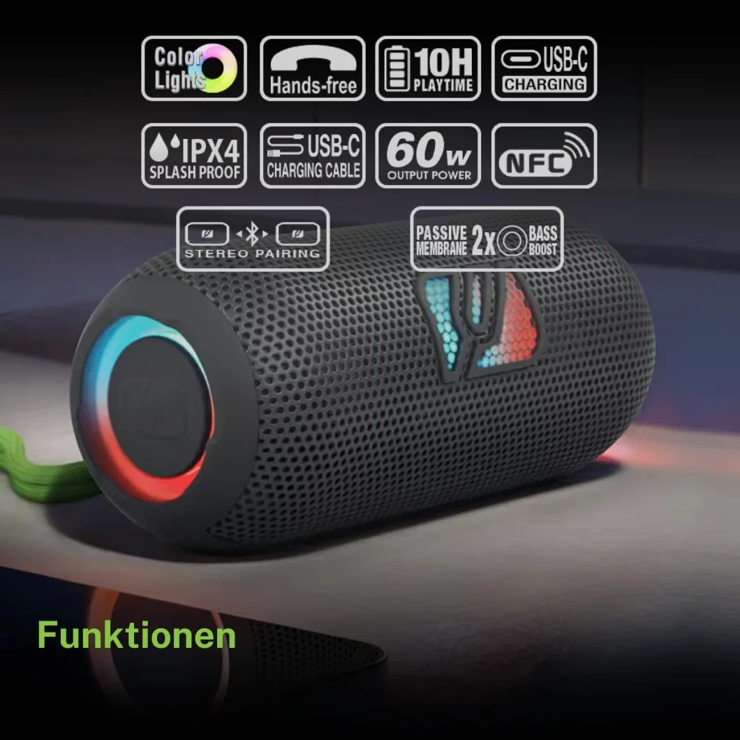 Muse M790BT Przenośny głośnik Bluetooth odporny na zachlapanie z wbudowanym światłem. 60 W mocy zestawu głośnomówiącego. Możliwość pary Stereo. Koncektor ładowania USB-C. Bateria 2700 mAh