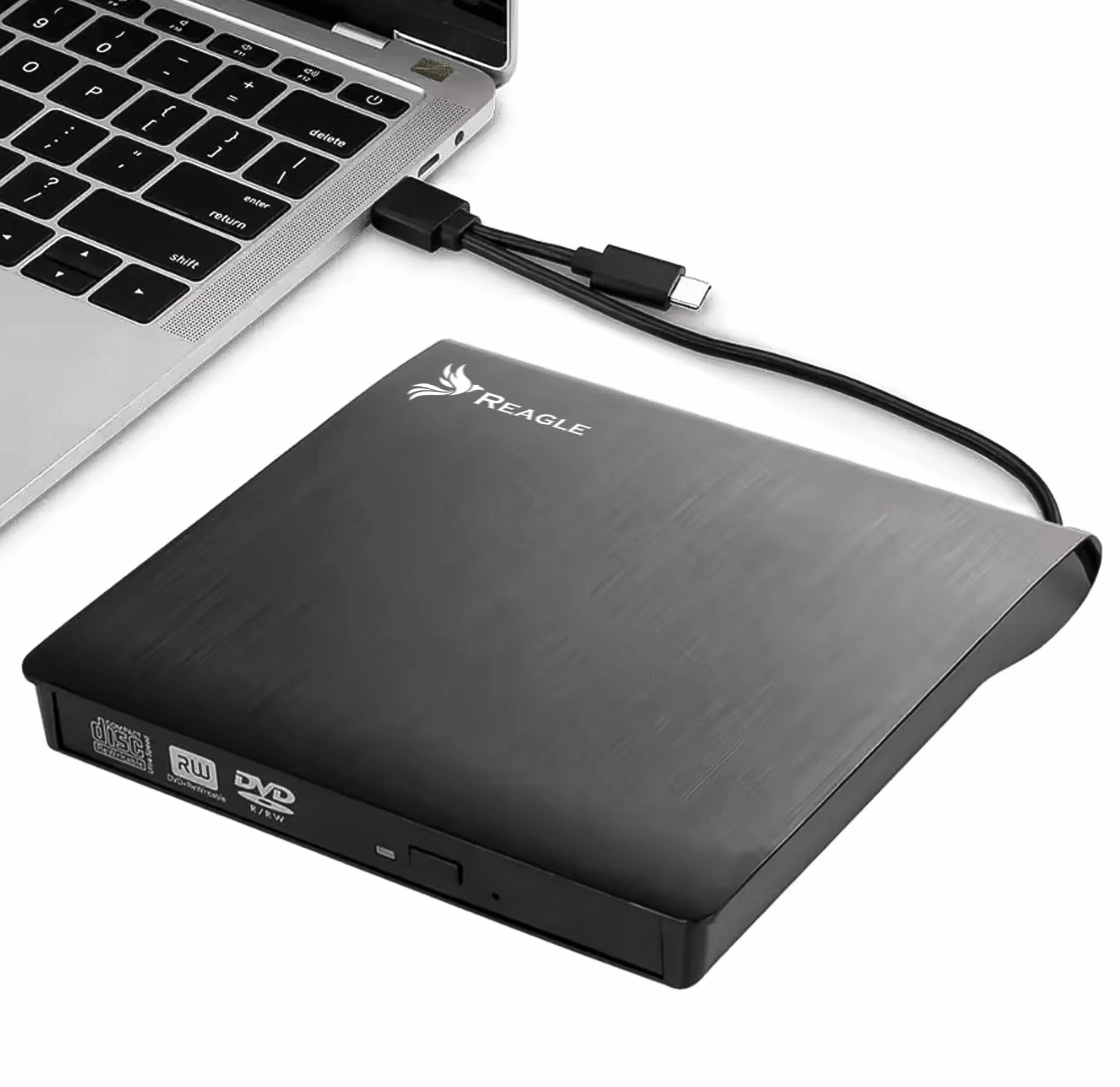 Reagle Zewnętrzny napęd CD/DVD USB-C i USB-A 2 w 1, zewnętrzny palnik i czytnik do laptopów Windows Linux Plug & Play USB 3.2 Gen 1 5 Gbps Slim Design czarny