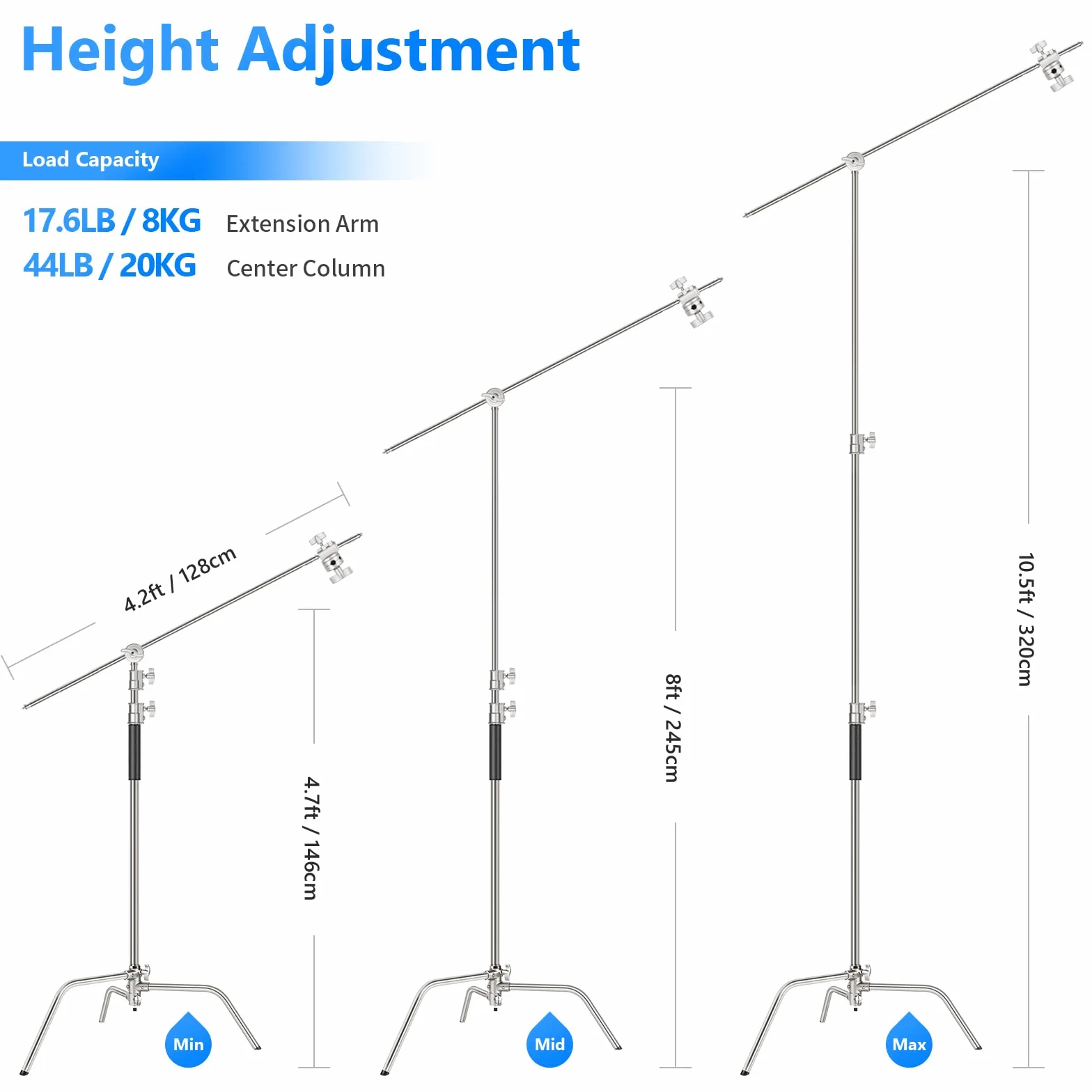 Neewer Pro 100% stal szlachetna wysokowydajny stojak C z wysięgnikiem - maks. wysokość 331 cm stojak na światło fotograficzne z ramieniem 120 cm, 2 głowice uchwytowe do studia Monolight, Softbox, reflektor