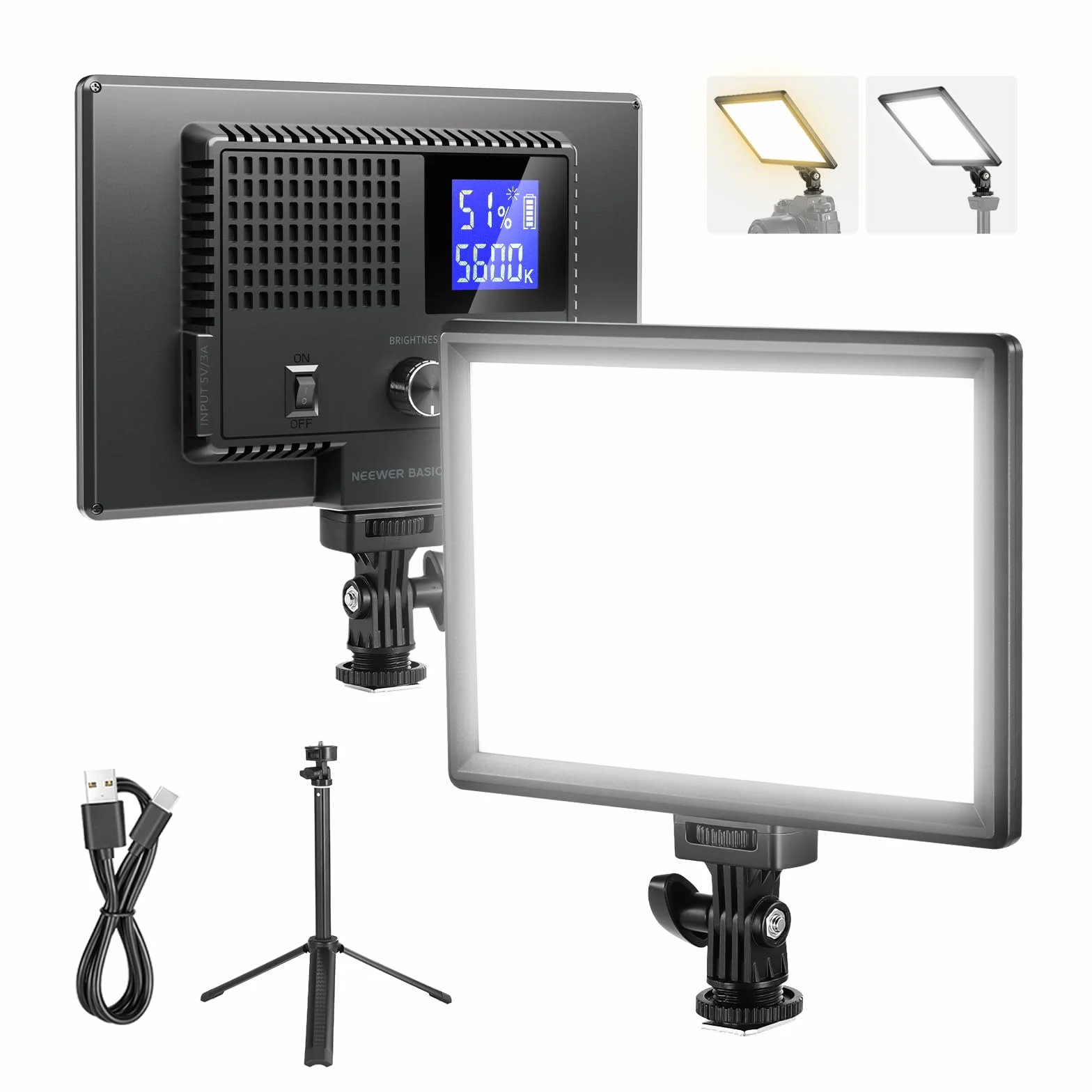 NEEWER Basics 9" LED Panel Reflektor, 3200-5600K Edge Lit Możliwość przyciemniania Miękkie oświetlenie kamery z Statywem Biurko, CRI95+ 800Lux 4000mAh Akumulator do Fotografii Nagrywania Streaming