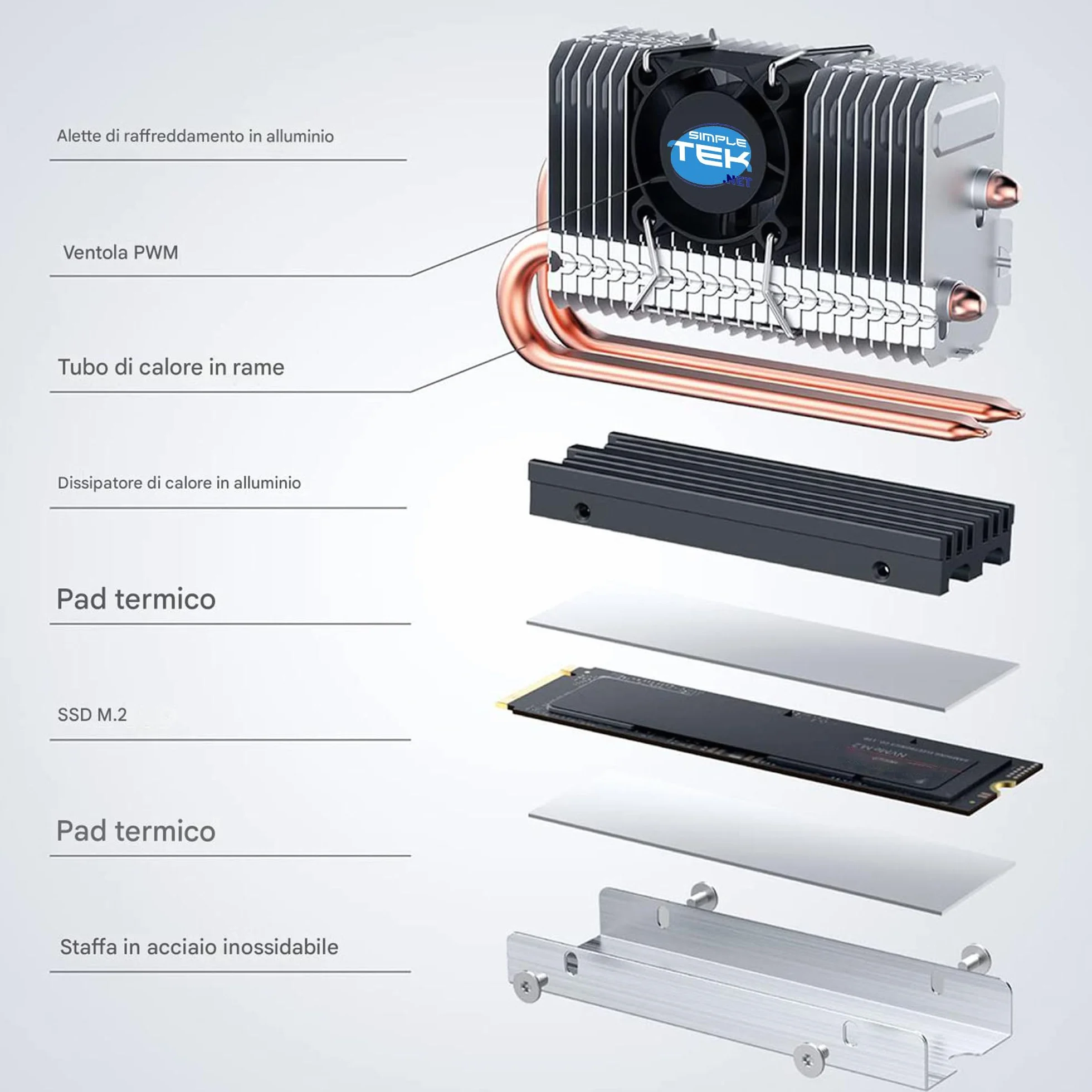 SIMPLETEK Aktywny radiator z wentylatorem do SSD M.2 2280 NVME / SATA – model G-M2HP04-F z rurą grzewczą i sterowaniem PWM