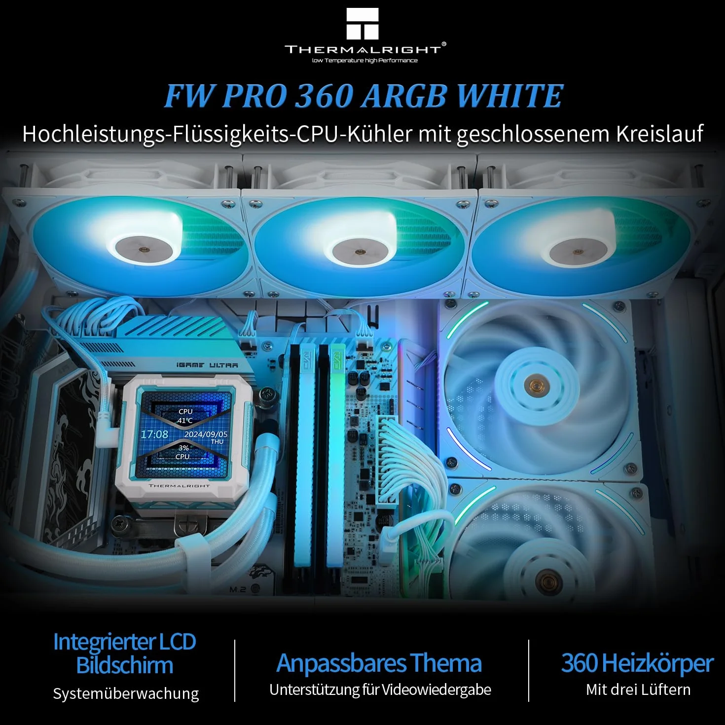 Thermalright FW PRO 360 ARGB WHITE Chłodnica procesora AIO, ekran LCD IPS o rozdzielczości 320 x 320 do AM5 i Intel 1700/1851, wydajny chłodzony wodą 360 specs z wyświetlaczem