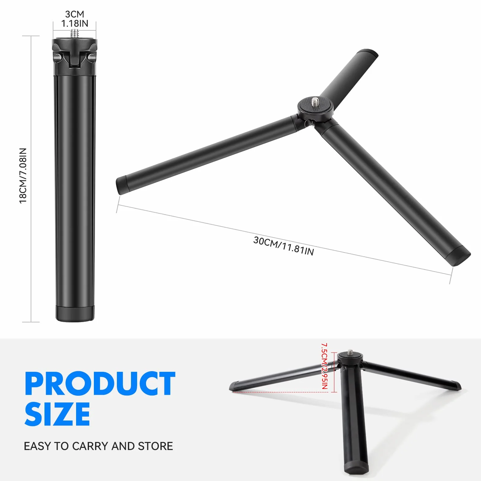 Smartfon Mini aluminiowy statyw do aparatu ze śrubą 1/4" statyw stołowy i podróżny stojak do Gopro Kamera internetowa Telefon Gimbal długi 18 cm czarny