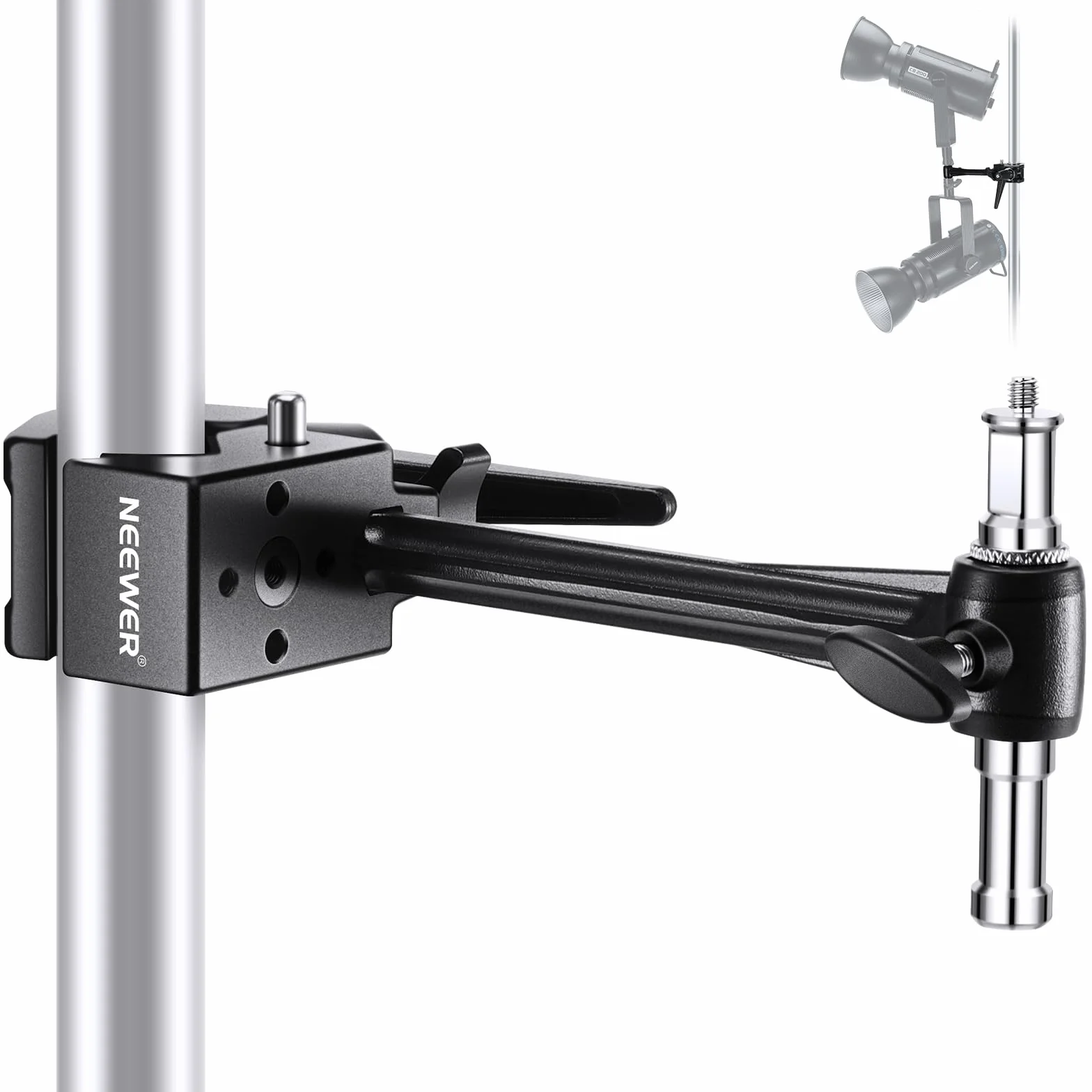 NEEWER Super zacisk z 6 "przedłużeniem ramienia, 5/8" Stud, 2,4" wytrzymały uchwyt kraba post zacisk do okrągłej rury, płaska powierzchnia, do montażu oświetlenia kamery studio fotografia