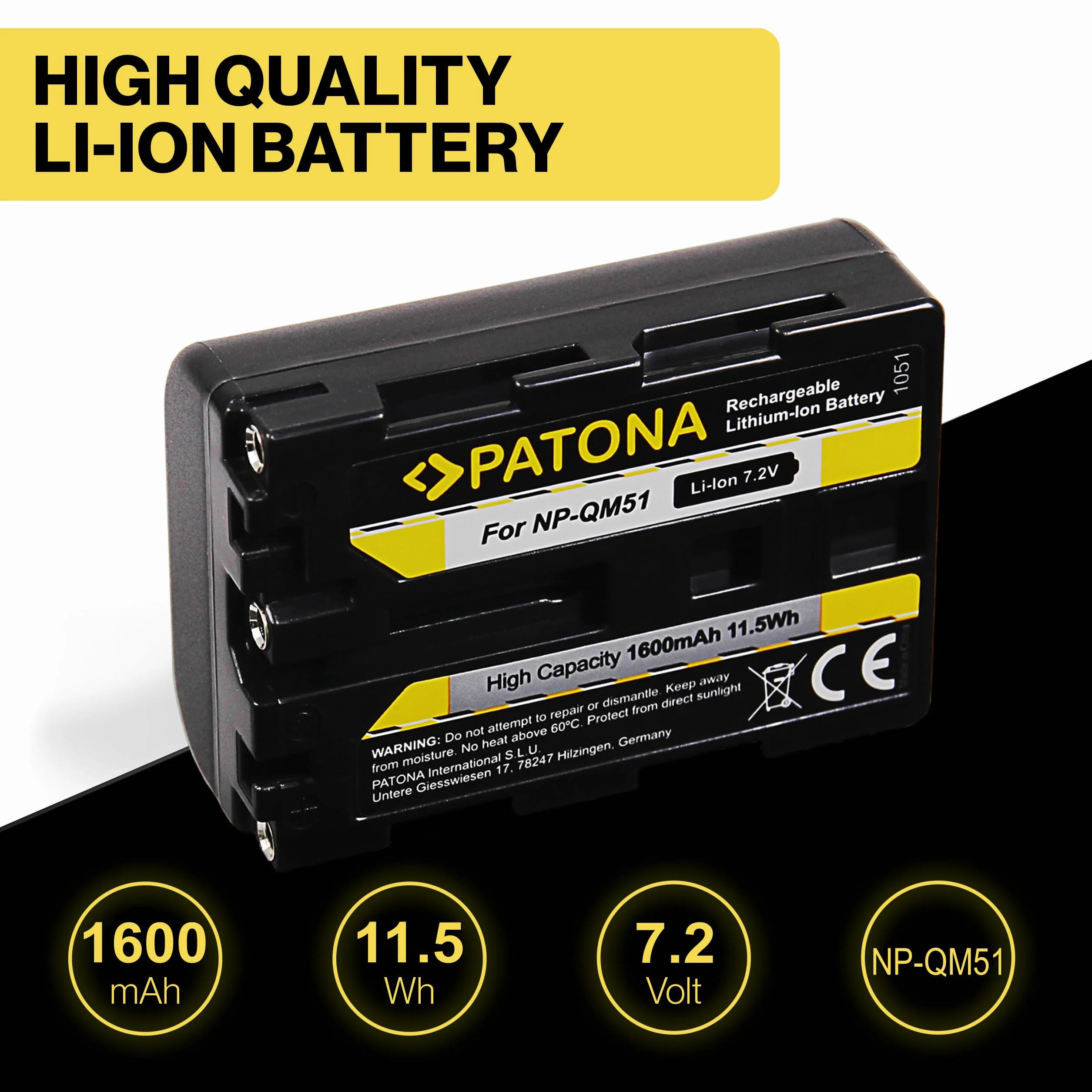 PATONA 2X Akumulator do Sony NP-QM51 QM71D QM91D QM71 FM70 FM90 1600mAh | Akumulator zamienny do kamer DSLR-A100 NP FM30 FM50 CCD TRV106K 108 116 128 DCR DVD91 100 200 HC14 TRV6 TRV8