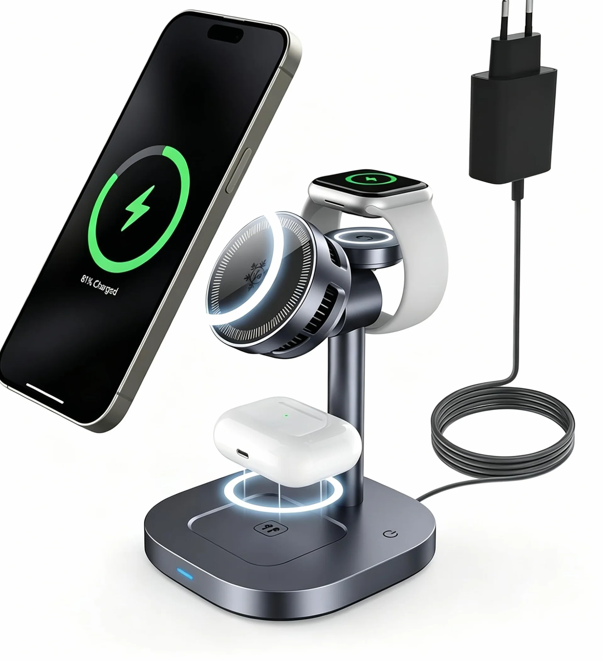 Stacja Ładująca 3 w 1 Qi2 z Chłodzeniem TEC, 15W Magnetyczna Ładowarka Bezprzewodowa kompatybilna z MagSafe do iPhone 17/16/15/14/13 Pro Max, Składana Indukcyjna Stacja do iWatch, AirPods - Czarna